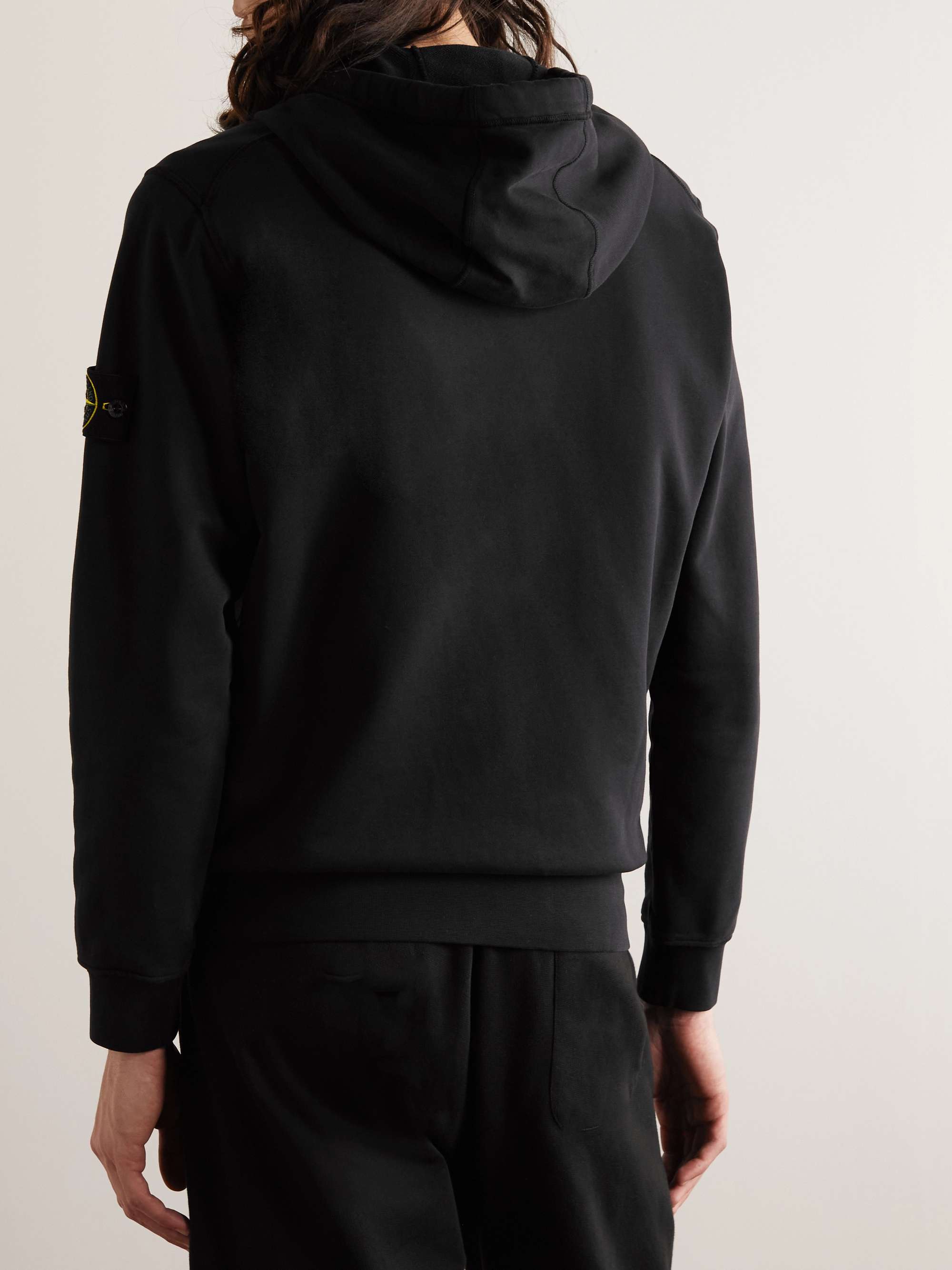 STONE ISLAND Garment-Dyed Logo-Appliquéd Cotton-Jersey Zip-Up Hoodie