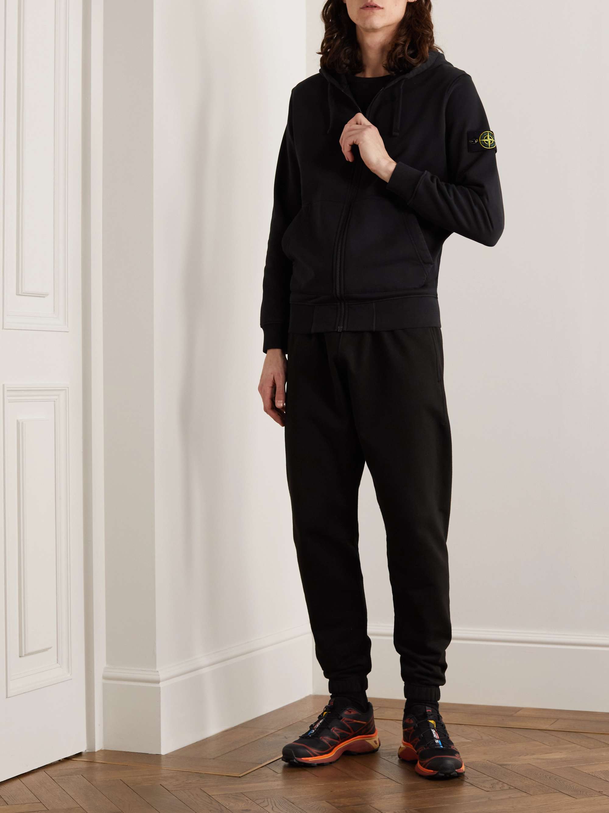 STONE ISLAND Garment-Dyed Logo-Appliquéd Cotton-Jersey Zip-Up Hoodie