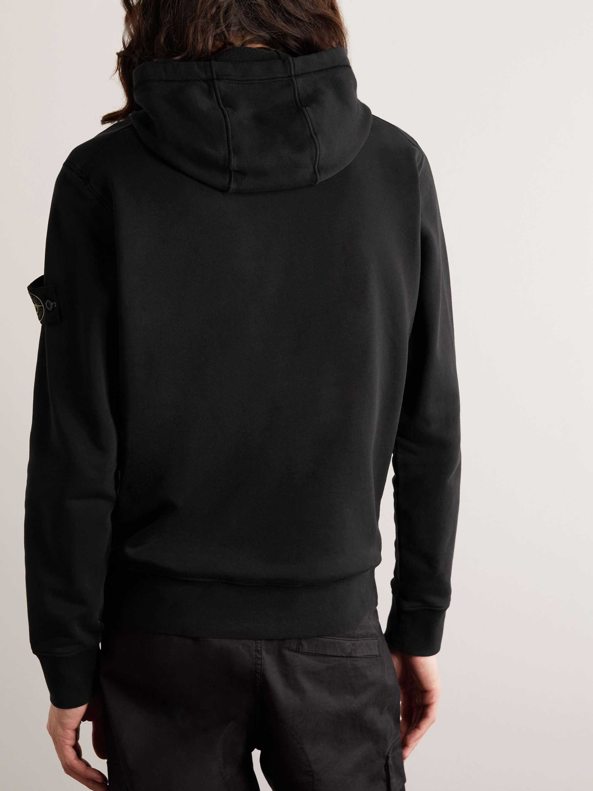 STONE ISLAND Garment-Dyed Logo-Appliquéd Cotton-Jersey Hoodie