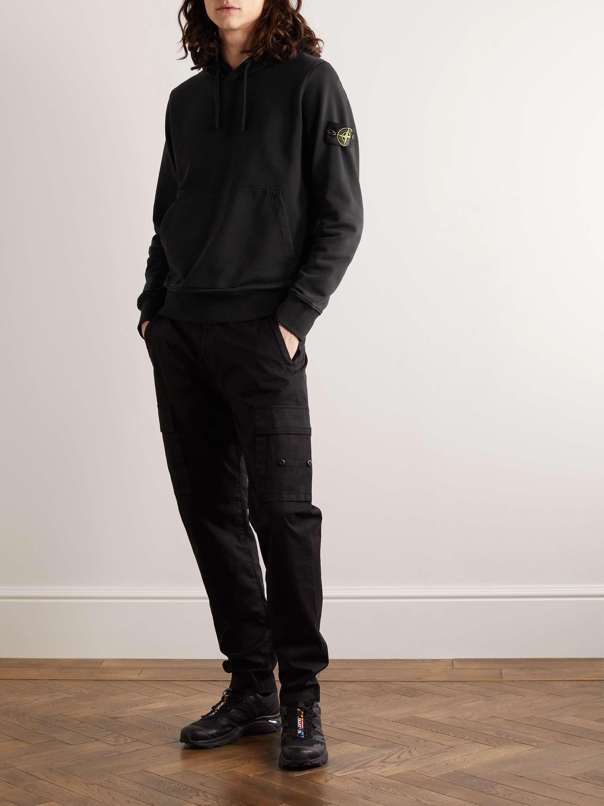 STONE ISLAND Garment-Dyed Logo-Appliquéd Cotton-Jersey Hoodie