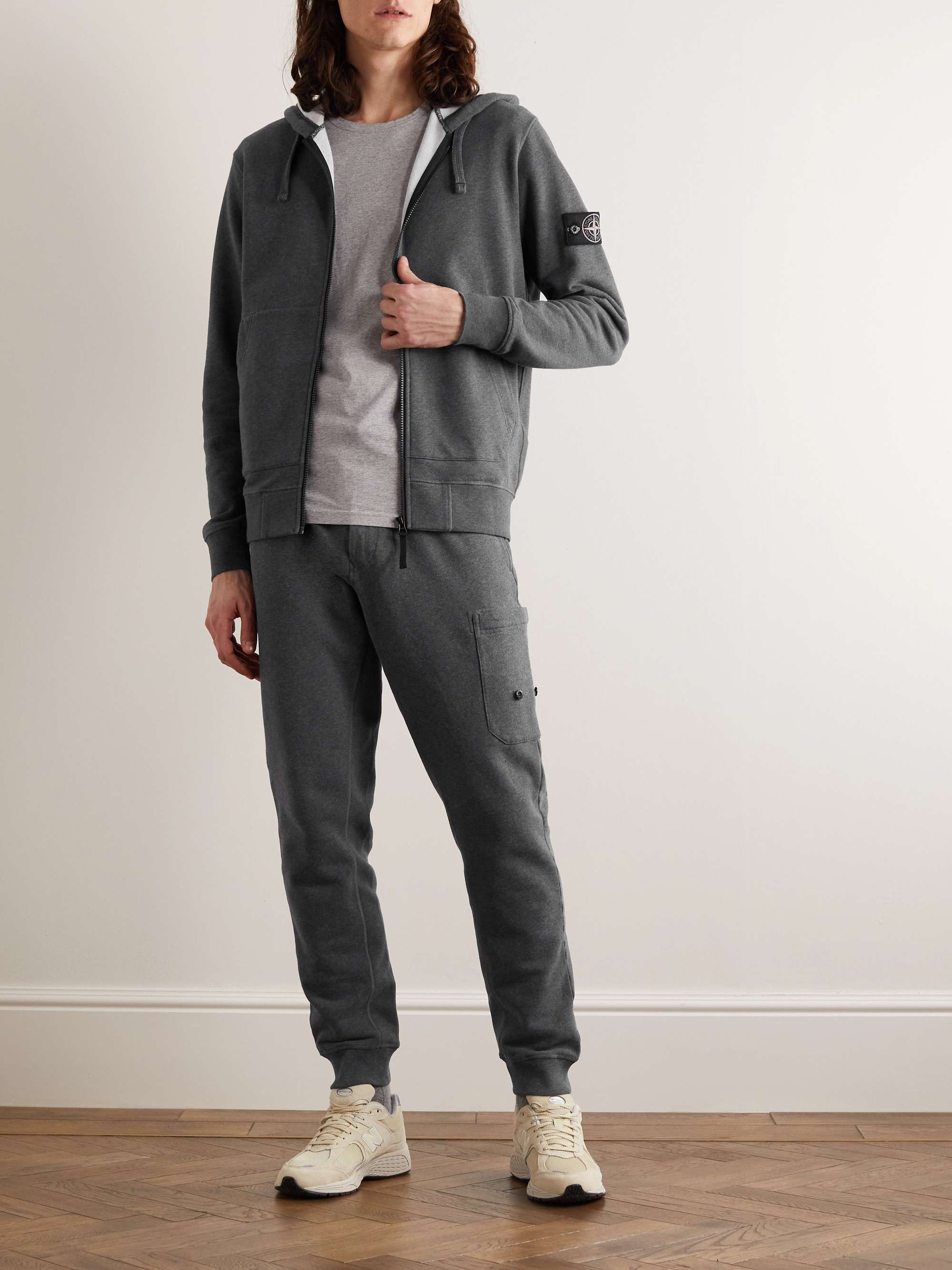 STONE ISLAND GarmentDyed LogoAppliquéd CottonJersey ZipUp Hoodie