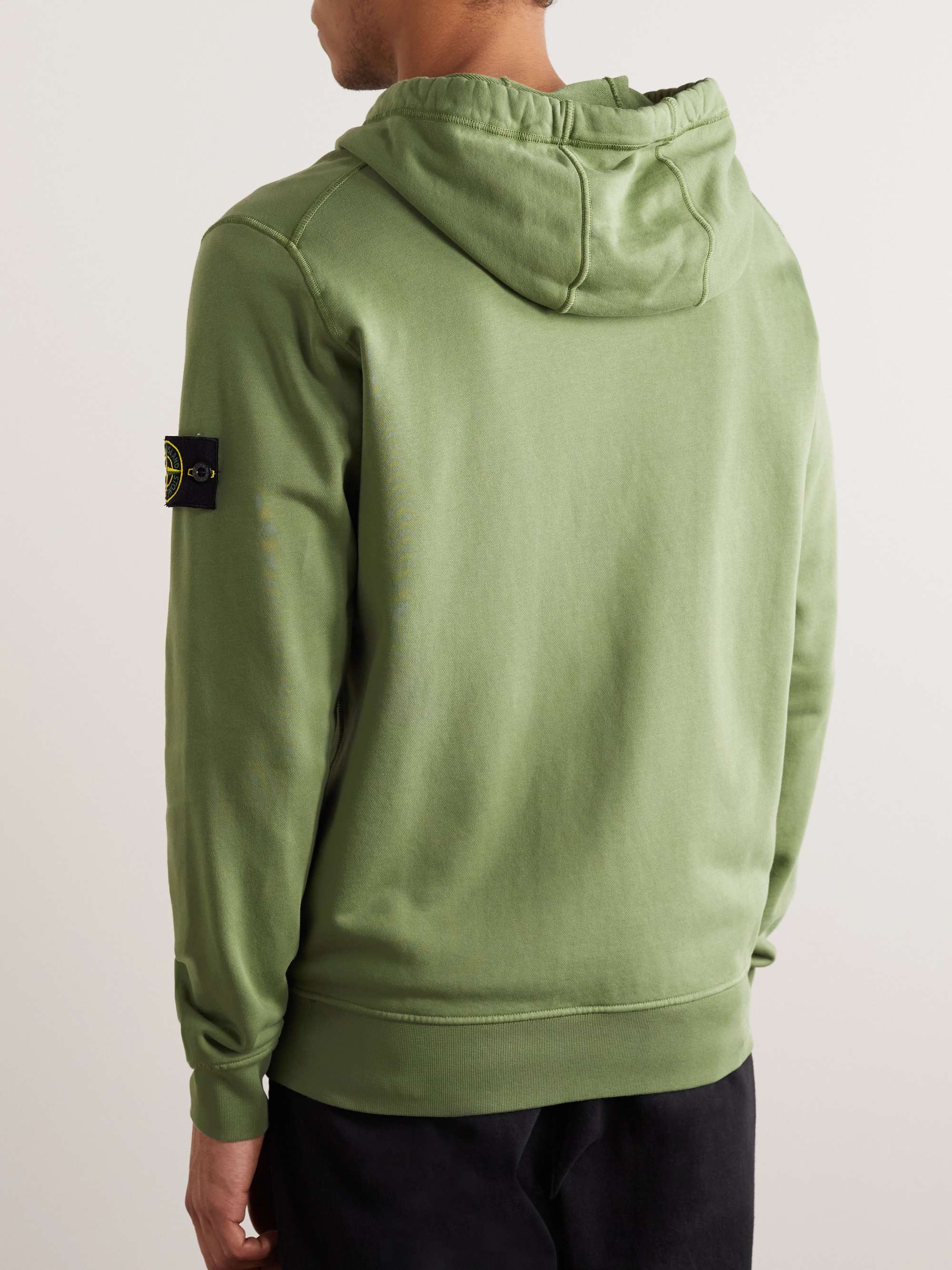 STONE ISLAND Garment-Dyed Logo-Appliquéd Cotton-Jersey Zip-Up Hoodie