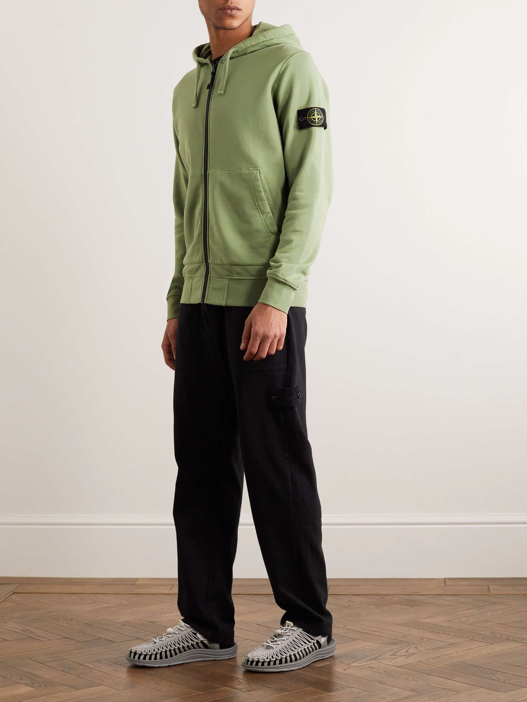 STONE ISLAND Garment-Dyed Logo-Appliquéd Cotton-Jersey Zip-Up Hoodie
