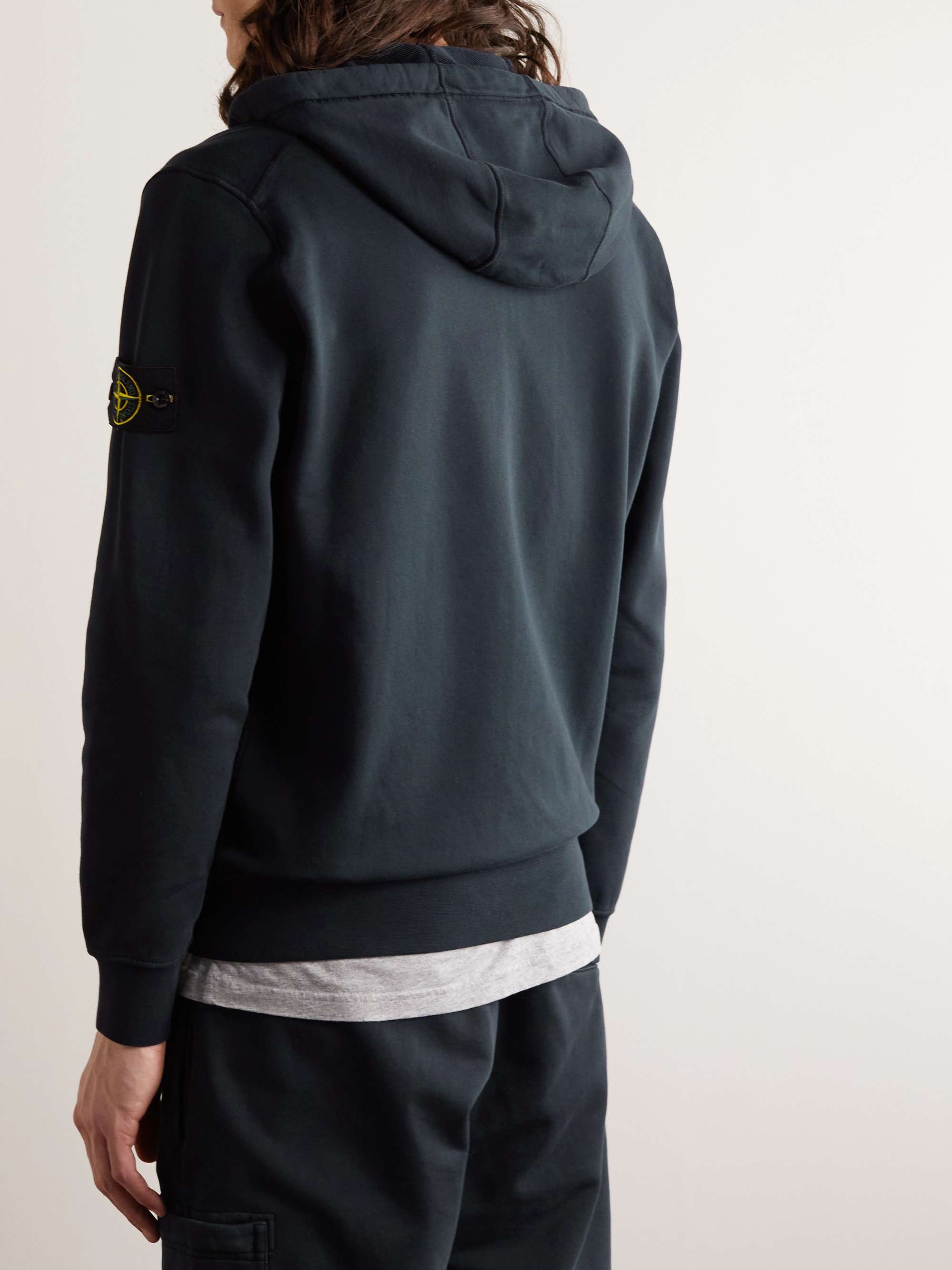 STONE ISLAND Garment-Dyed Logo-Appliquéd Cotton-Jersey Zip-Up Hoodie