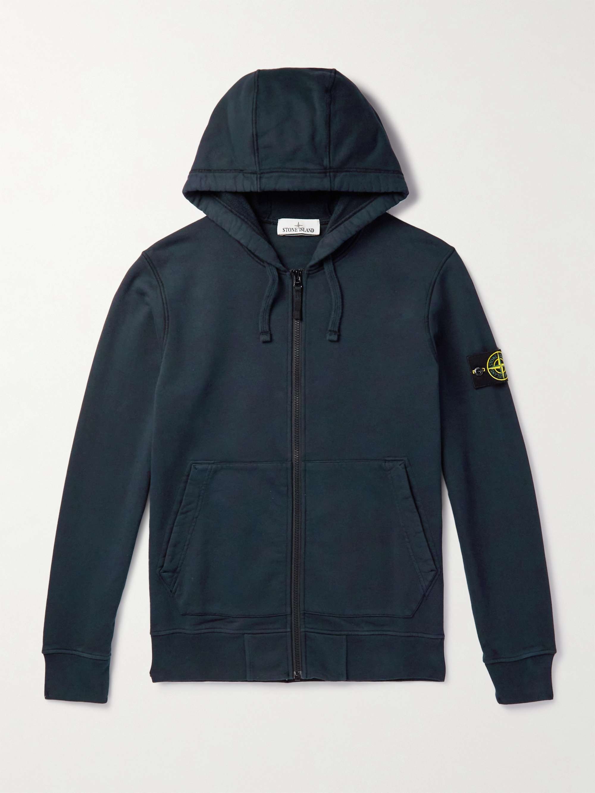 STONE ISLAND Garment-Dyed Logo-Appliquéd Cotton-Jersey Zip-Up Hoodie ...