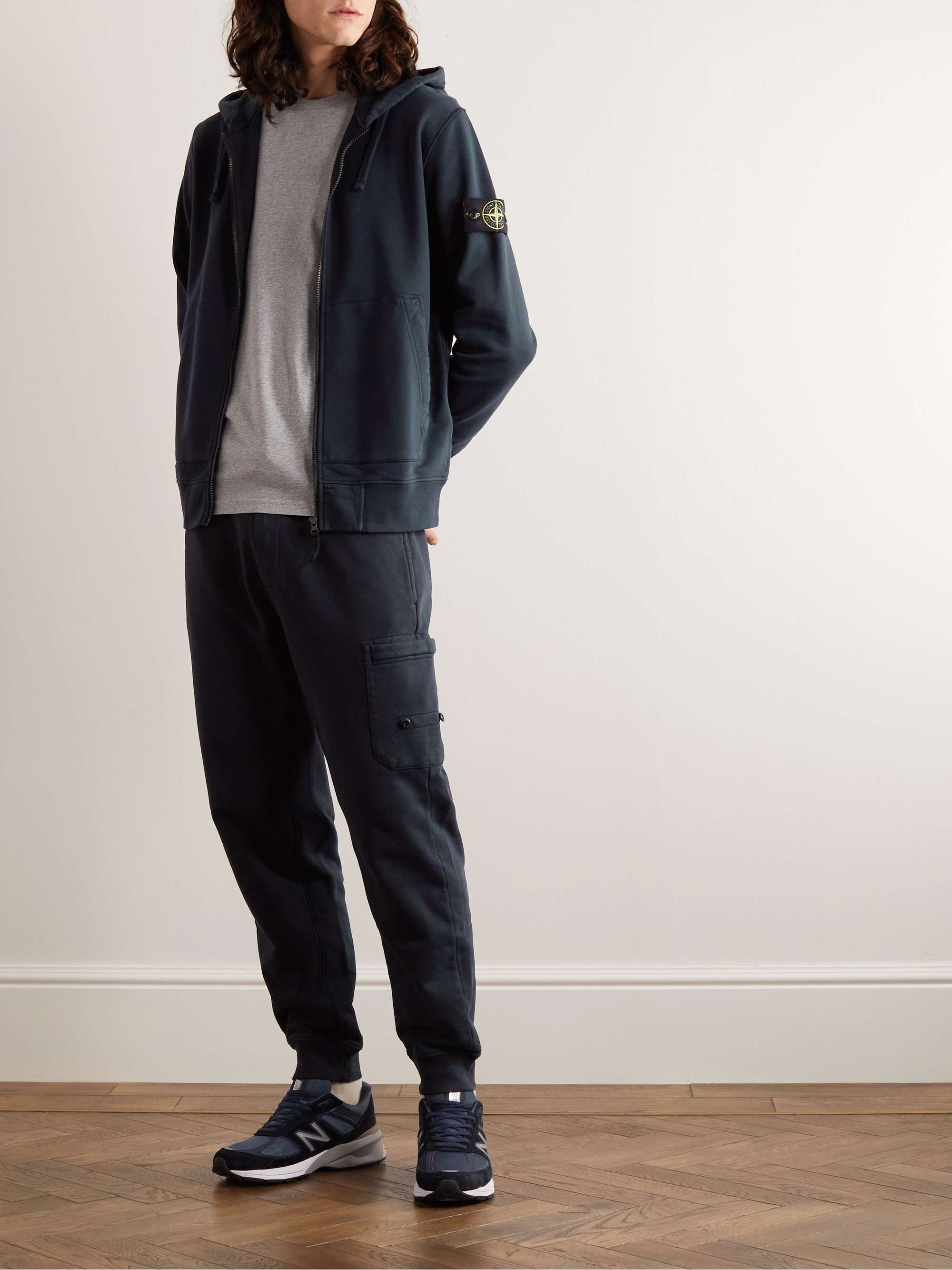 STONE ISLAND Garment-Dyed Logo-Appliquéd Cotton-Jersey Zip-Up Hoodie