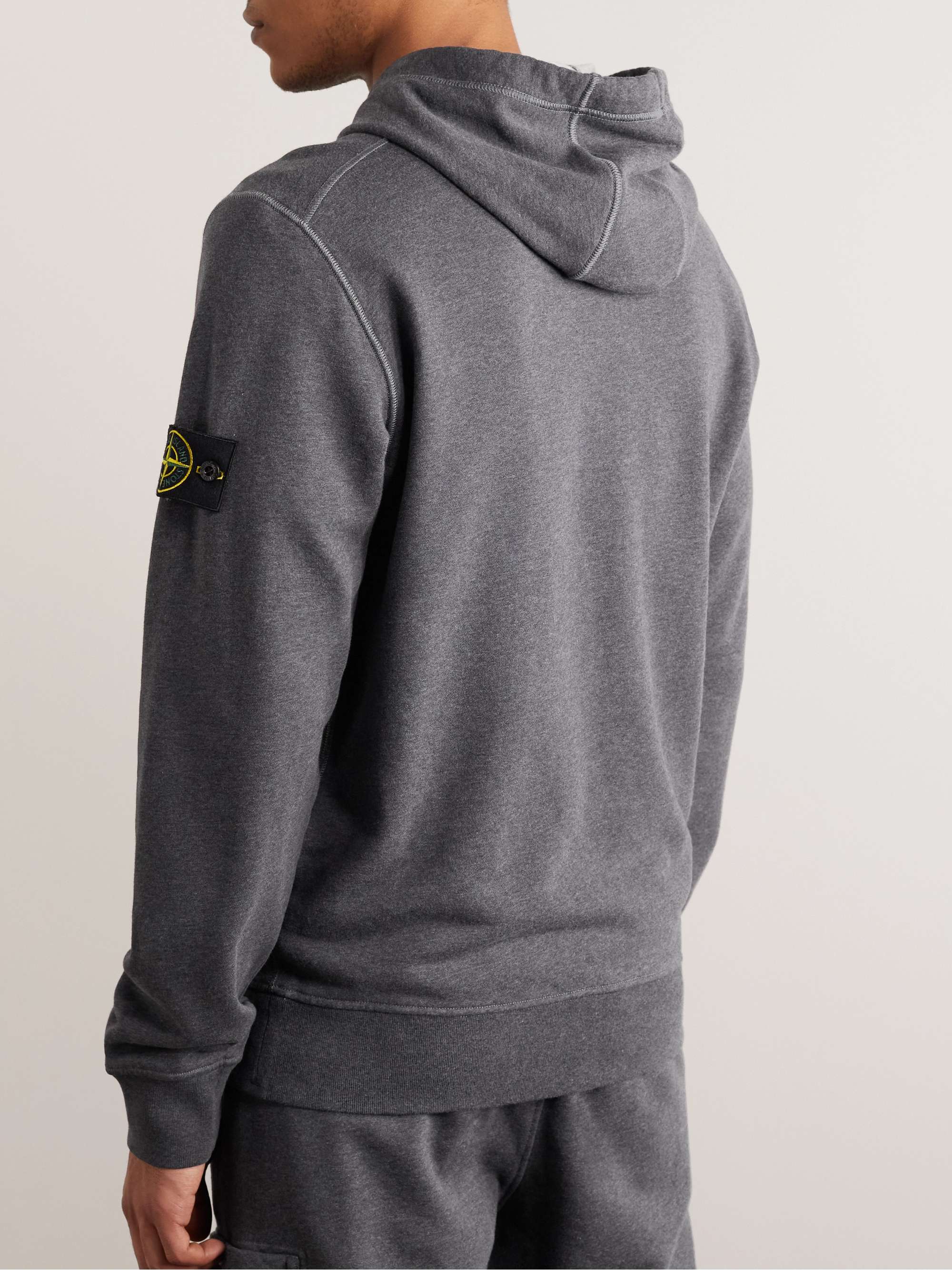 STONE ISLAND Garment-Dyed Logo-Appliquéd Cotton-Jersey Hoodie