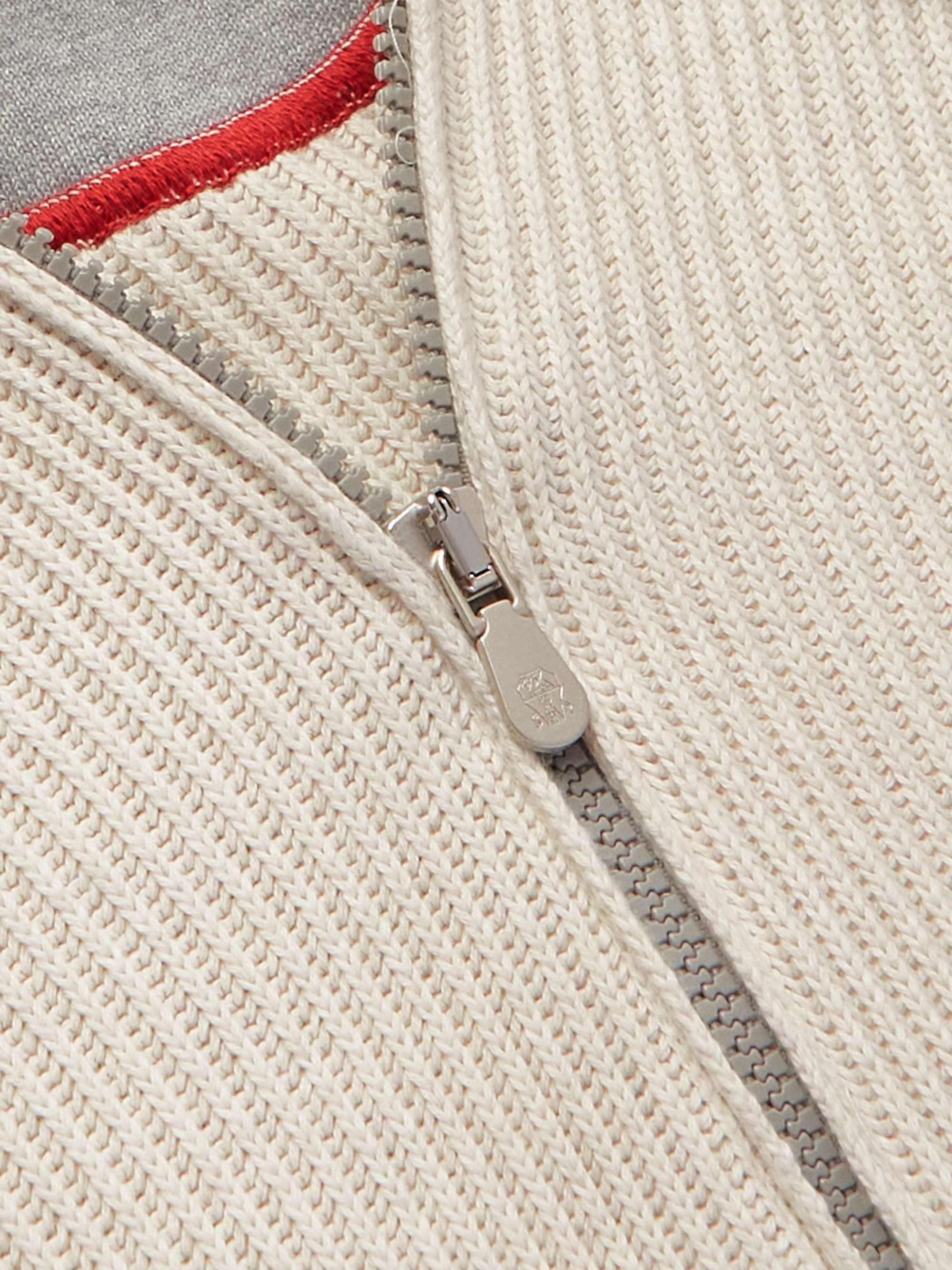 BRUNELLO CUCINELLI Logo-Embroidered Ribbed Cotton Zip-Up Hoodie