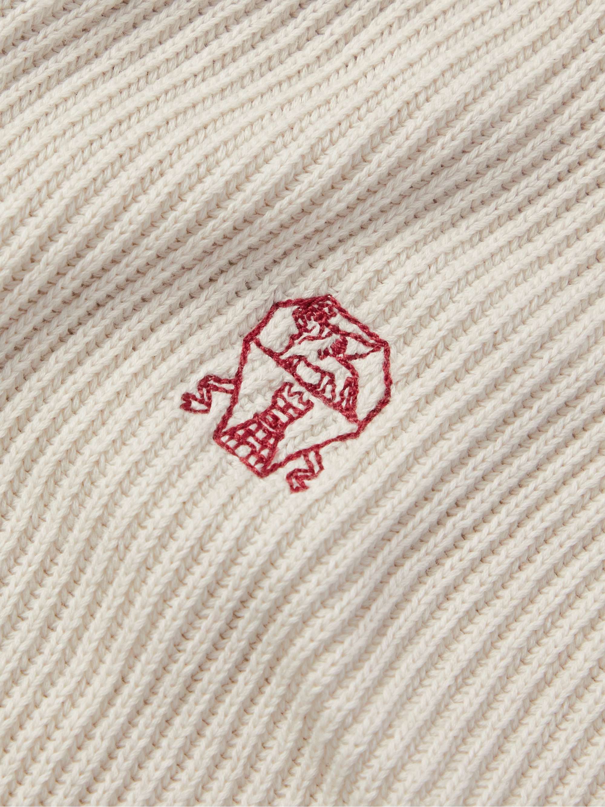 BRUNELLO CUCINELLI Logo-Embroidered Ribbed Cotton Zip-Up Hoodie