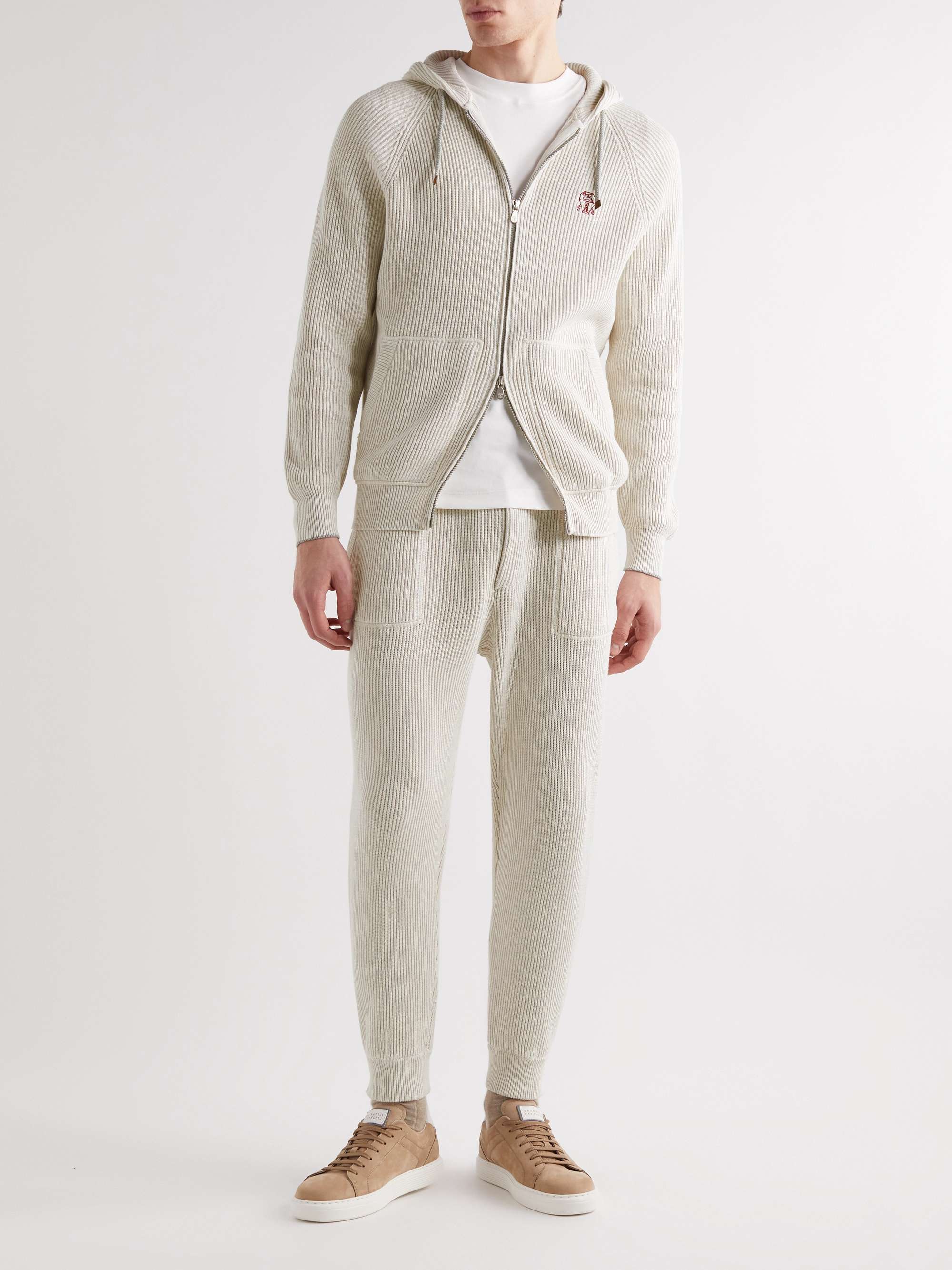 BRUNELLO CUCINELLI Logo-Embroidered Ribbed Cotton Zip-Up Hoodie