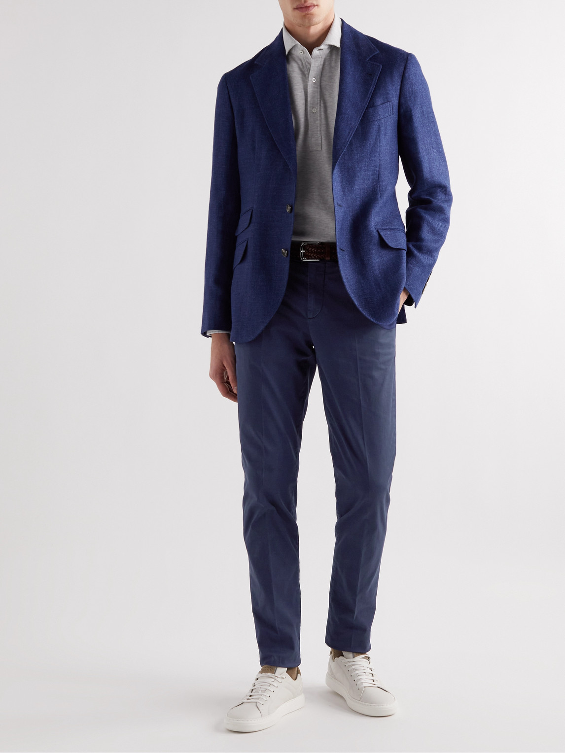 Shop Brunello Cucinelli Slim-fit Stretch-cotton Gabardine Trousers In Blue