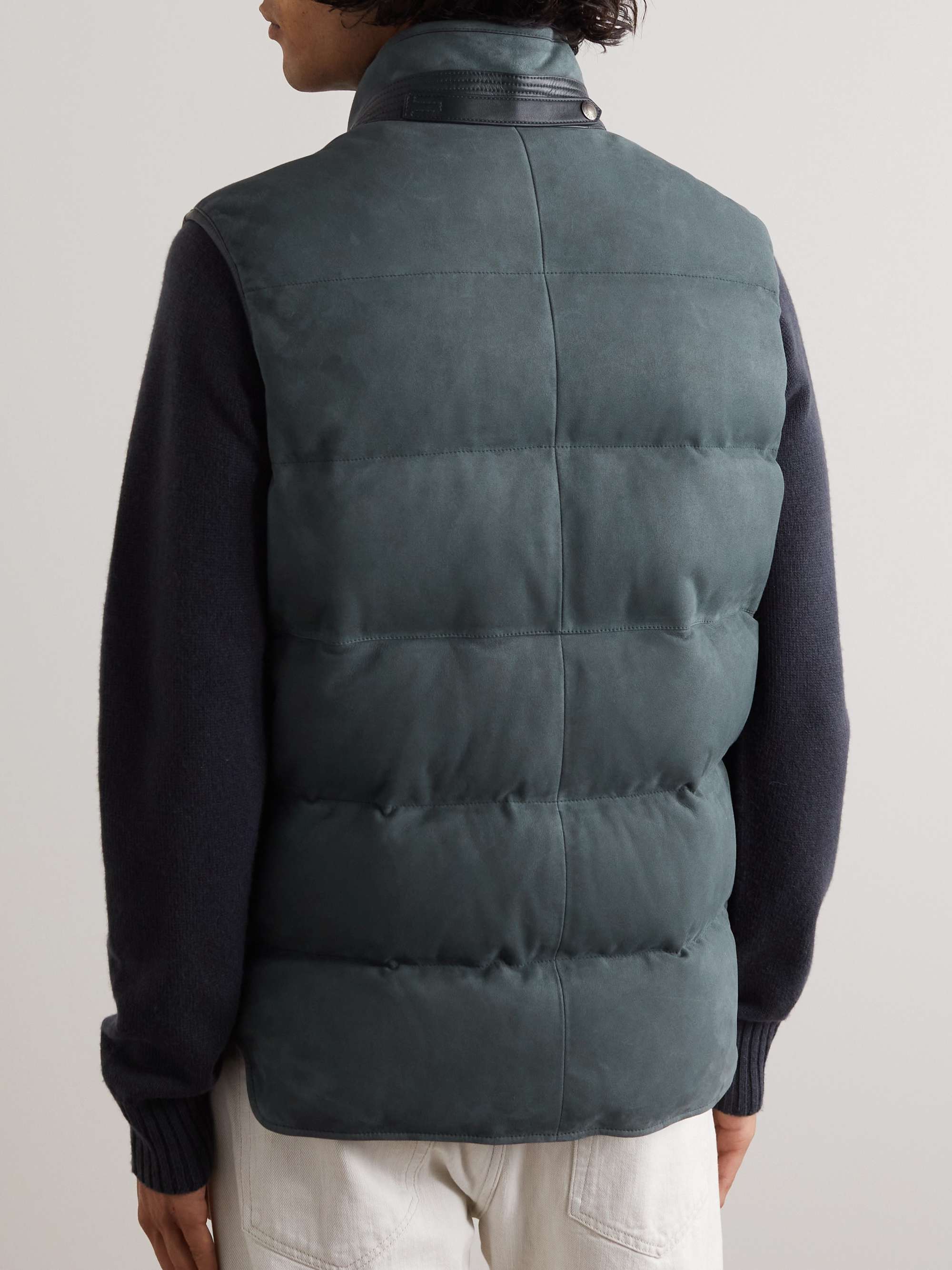 TOM FORD Leather-Trimmed Padded Quilted Suede Gilet