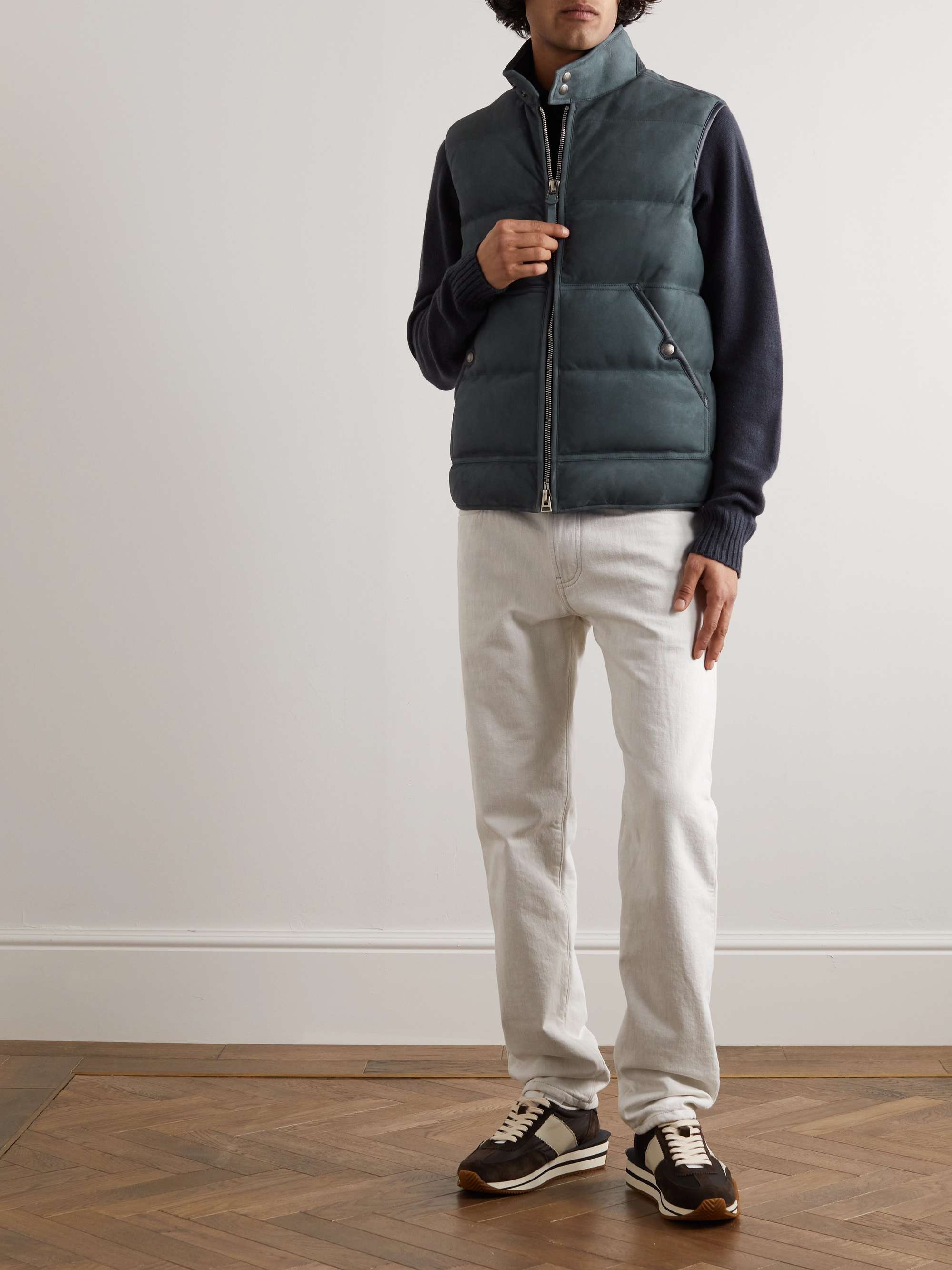 TOM FORD Leather-Trimmed Padded Quilted Suede Gilet