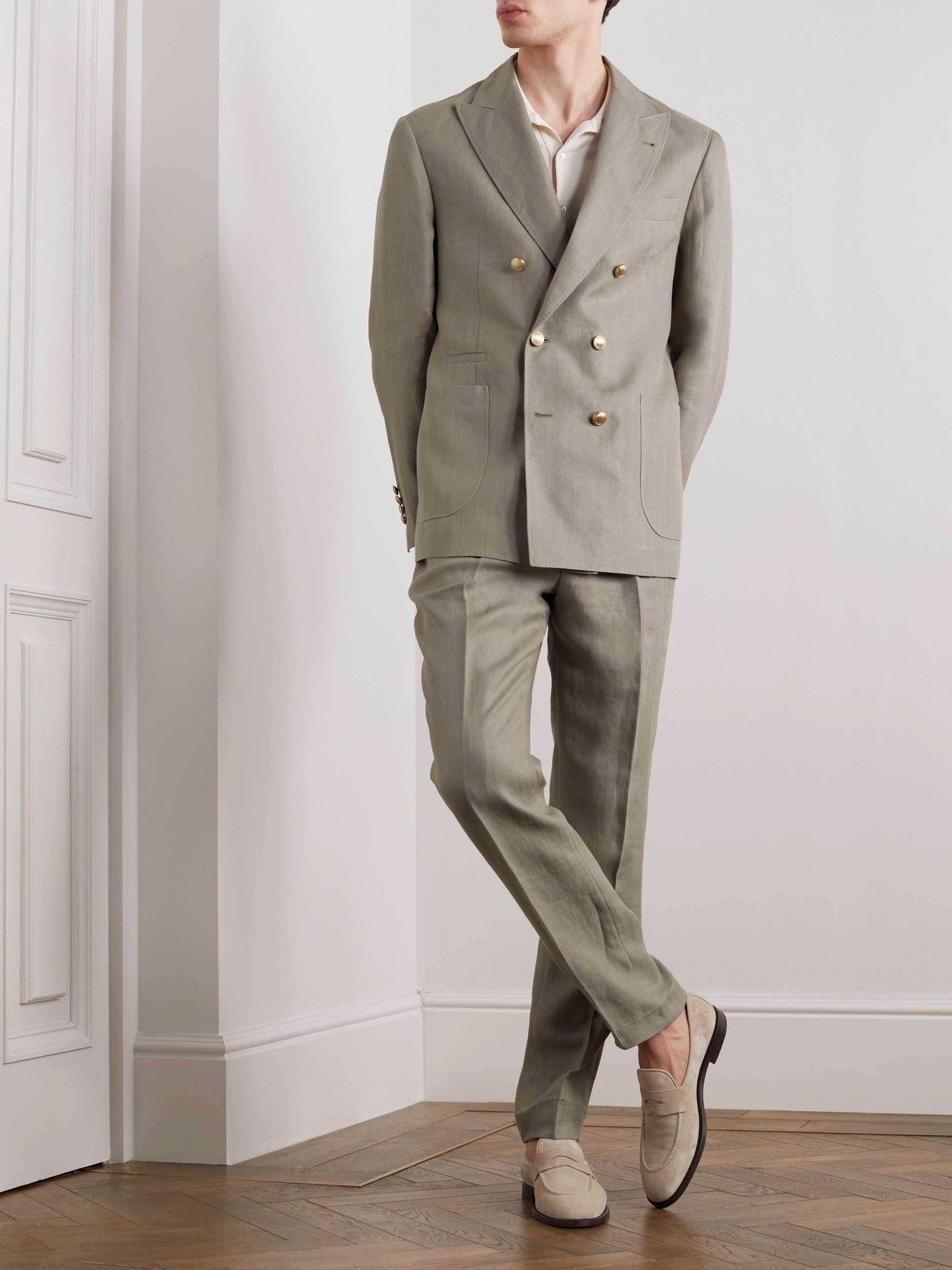 BRUNELLO CUCINELLI Double-Breasted Herringbone Linen Suit Jacket