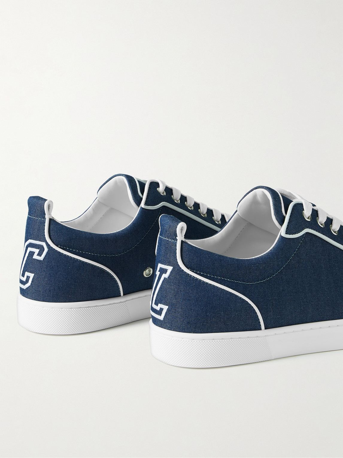 Shop Christian Louboutin Varsijunior Leather-trimmed Embroidered Denim Sneakers In Blue