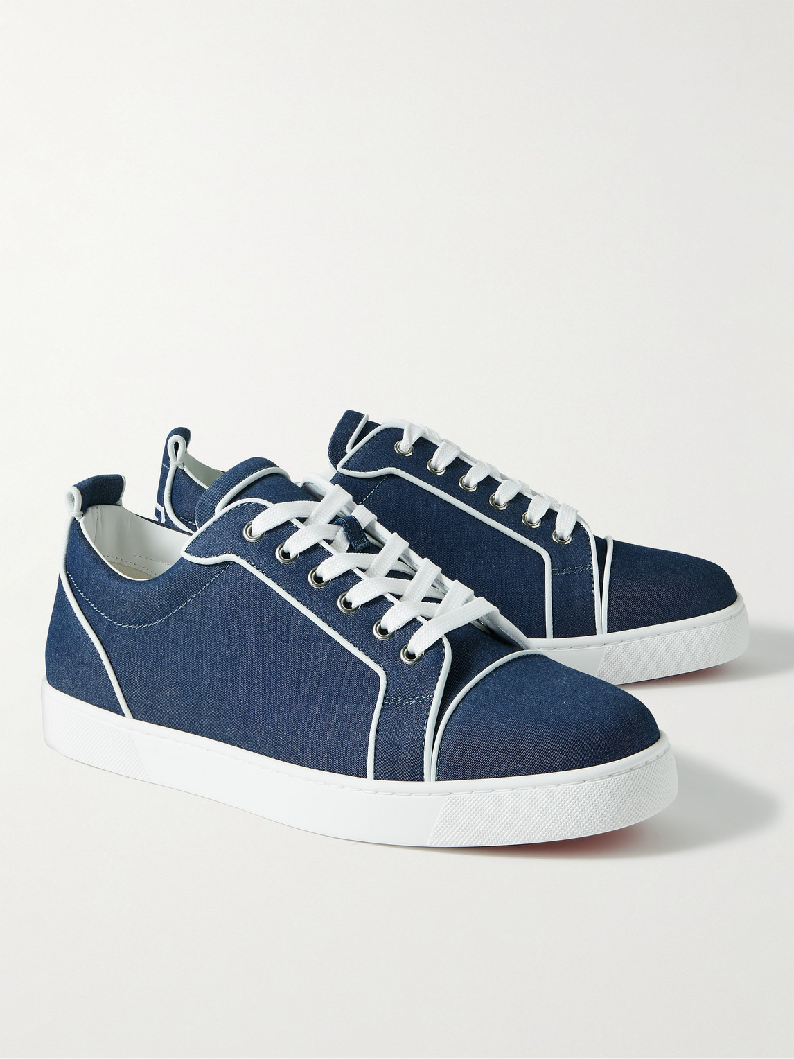 Shop Christian Louboutin Varsijunior Leather-trimmed Embroidered Denim Sneakers In Blue