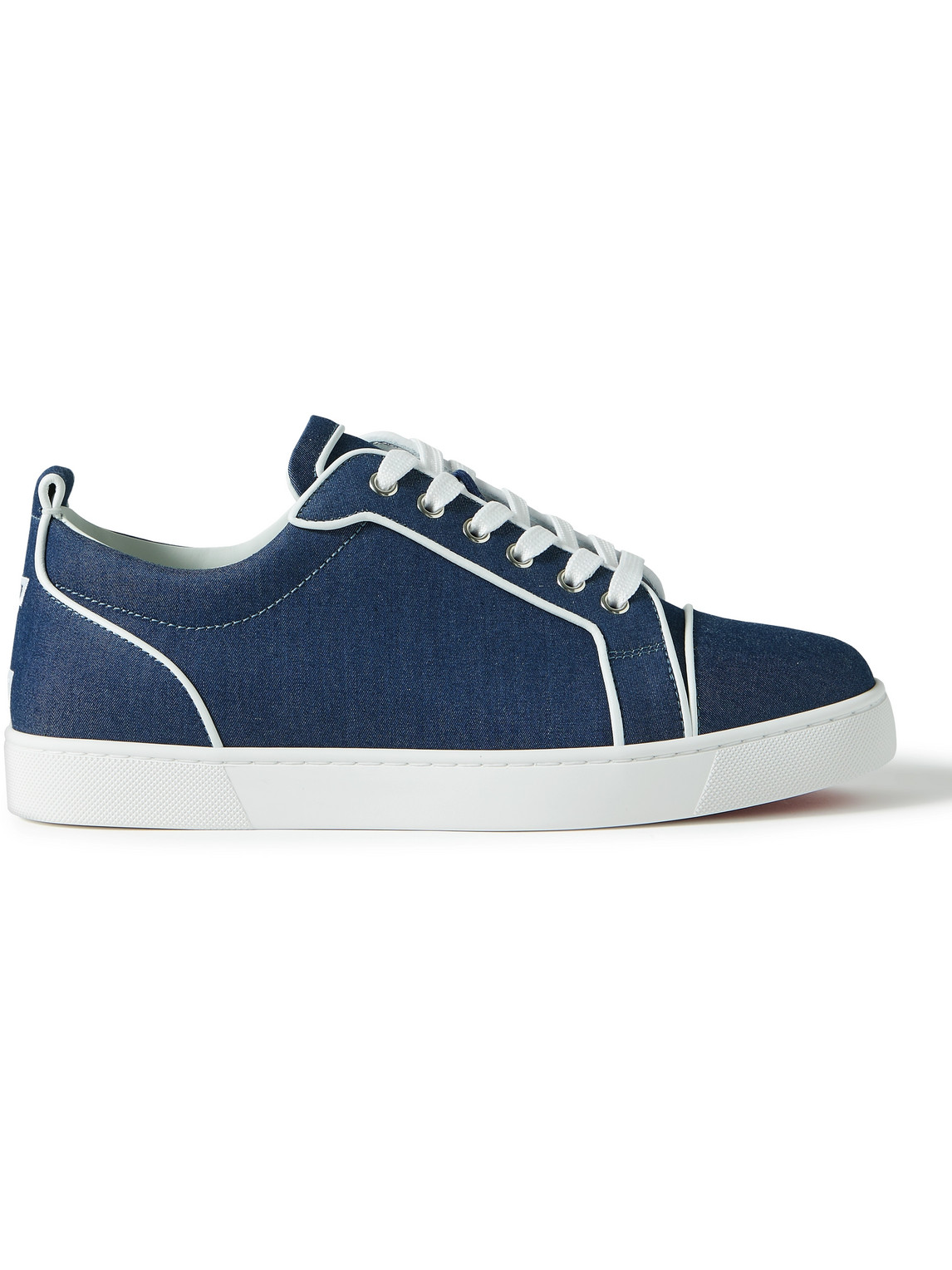 Shop Christian Louboutin Varsijunior Leather-trimmed Embroidered Denim Sneakers In Blue