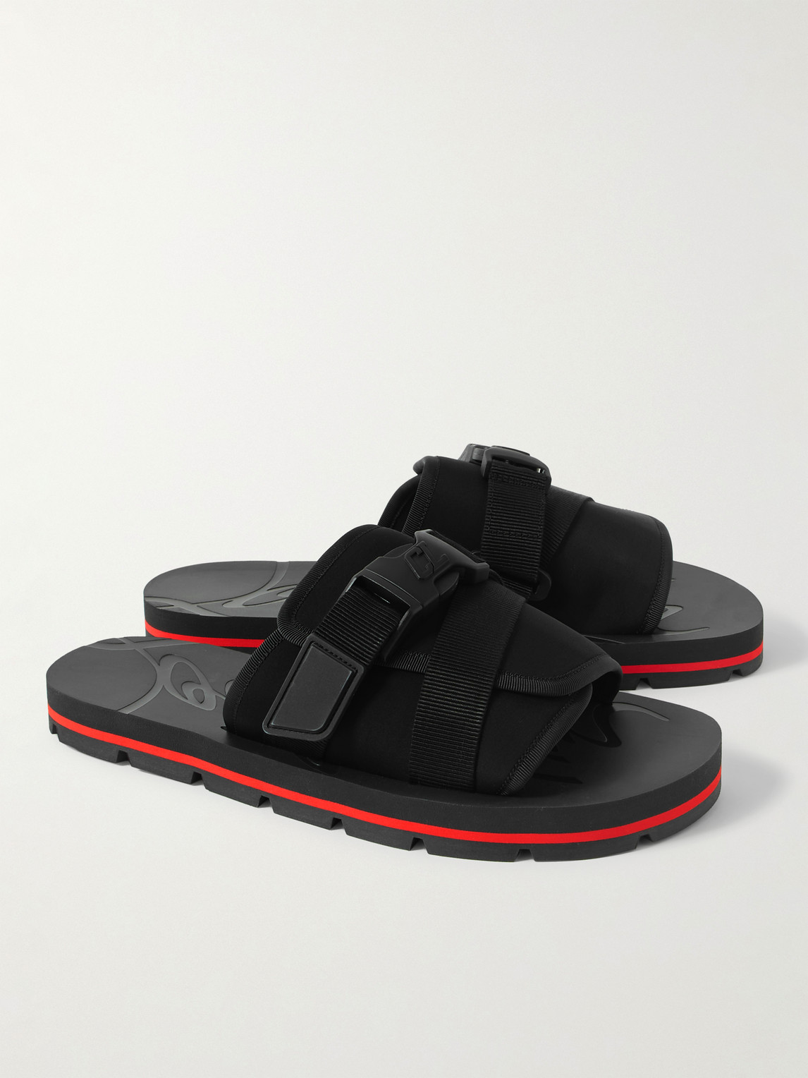 Shop Christian Louboutin Siwa Buckled Grosgrain-trimmed Neoprene Slides In Black