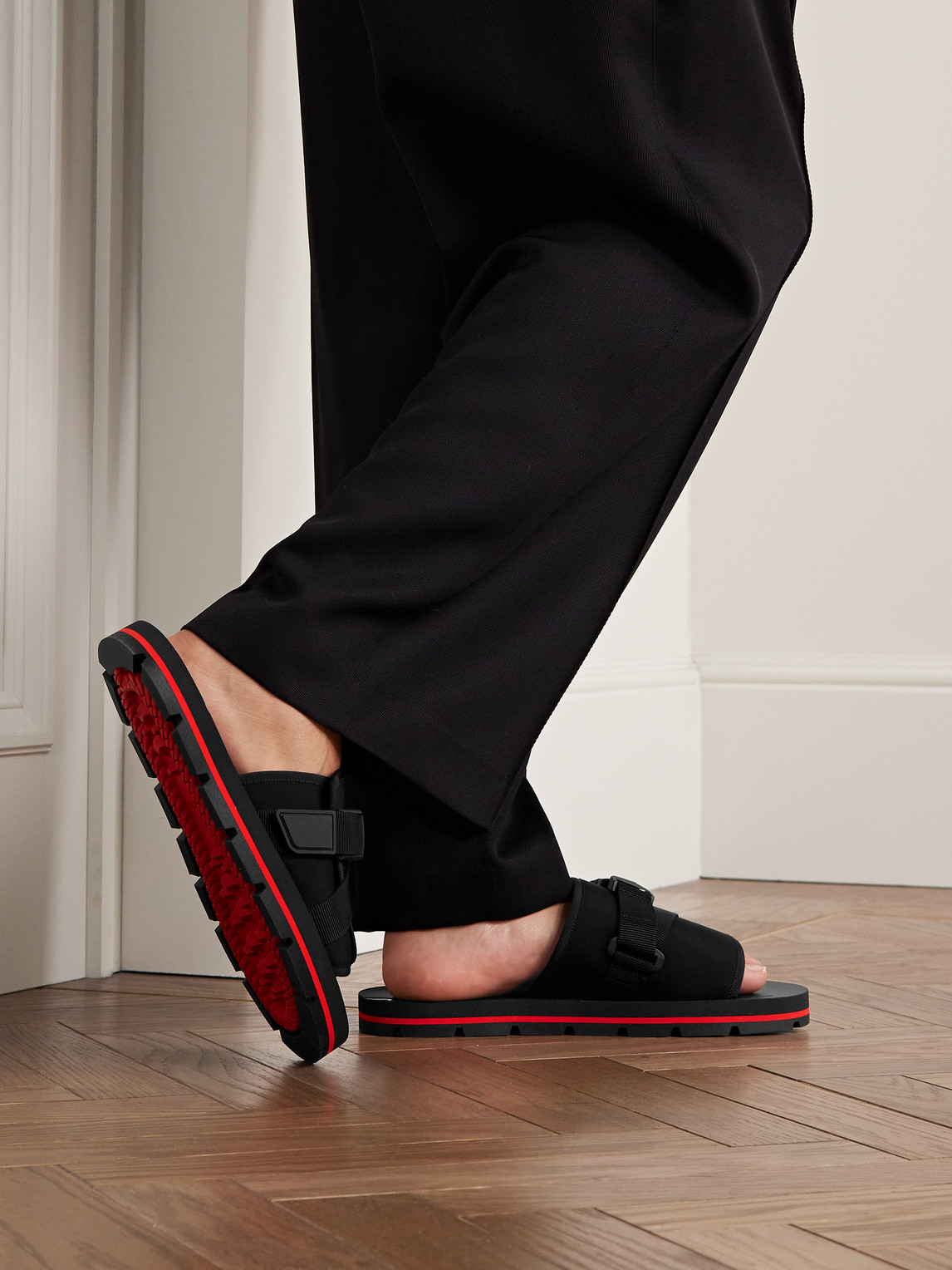 Shop Christian Louboutin Siwa Buckled Grosgrain-trimmed Neoprene Slides In Black