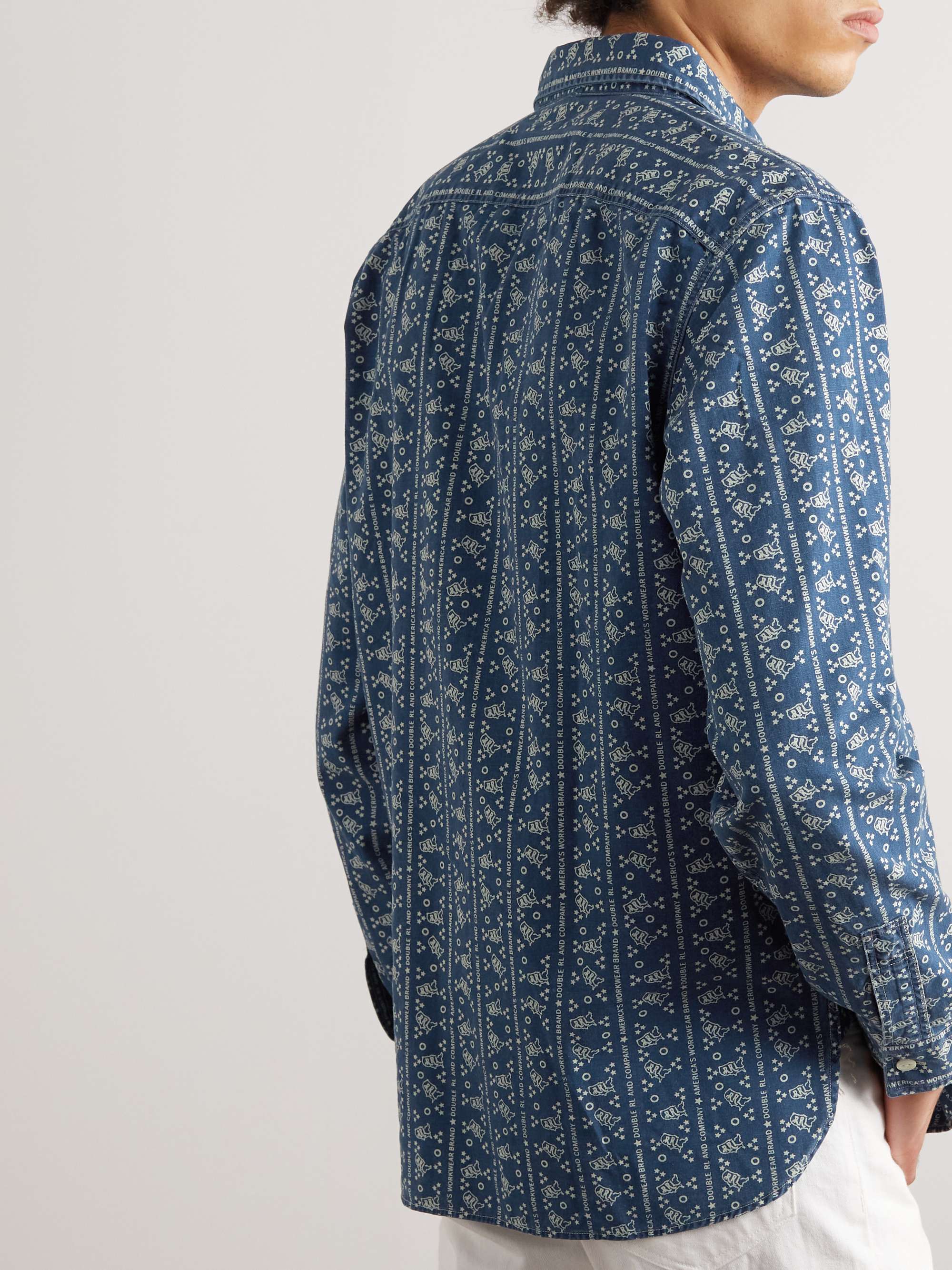 RRL Indigo-Dyed Logo-Print Cotton-Twill Shirt