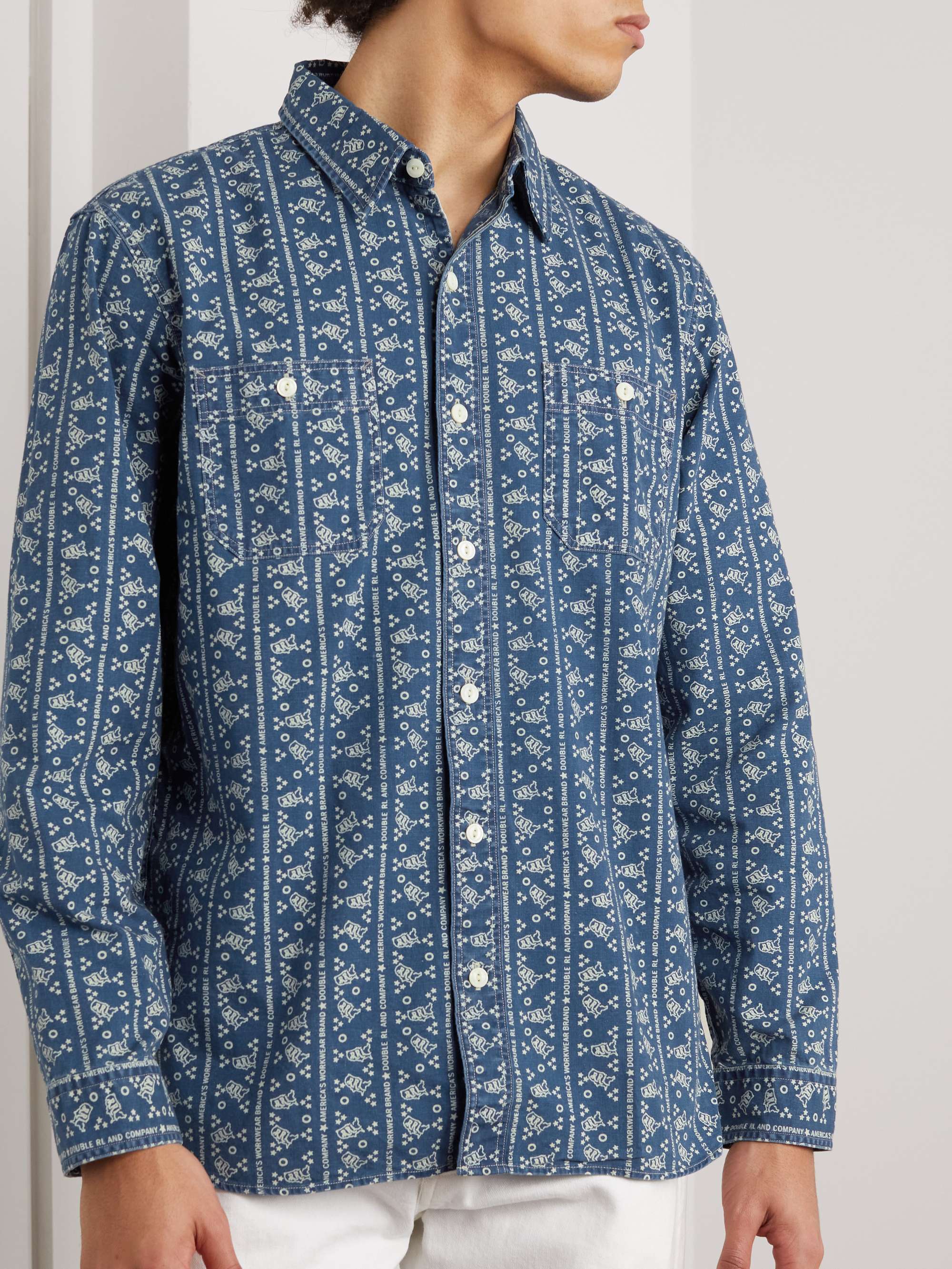 RRL Indigo-Dyed Logo-Print Cotton-Twill Shirt