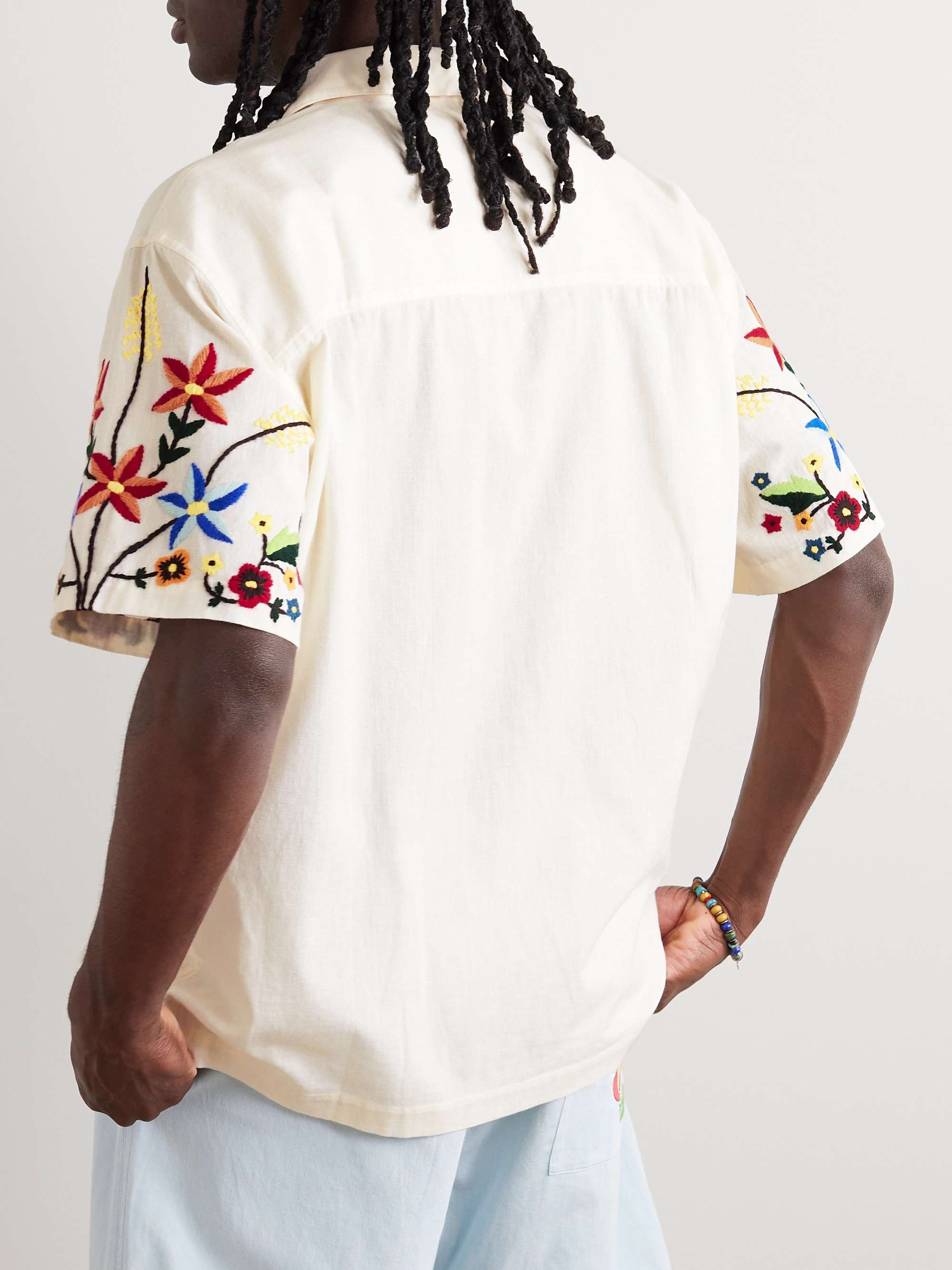 YMC Idris Convertible-Collar Embroidered Cotton and Linen-Blend Shirt