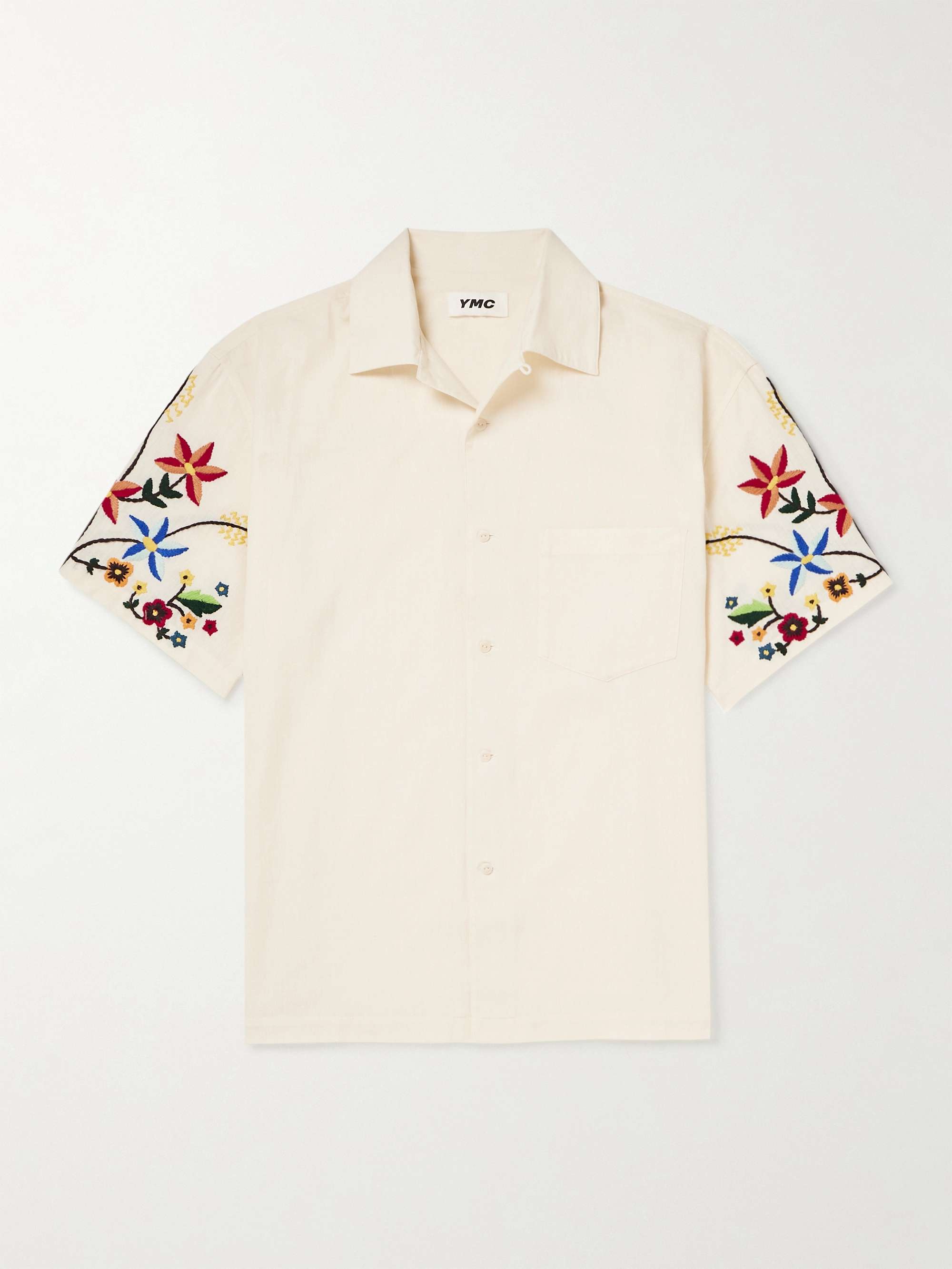 YMC Idris Convertible-Collar Embroidered Cotton and Linen-Blend Shirt