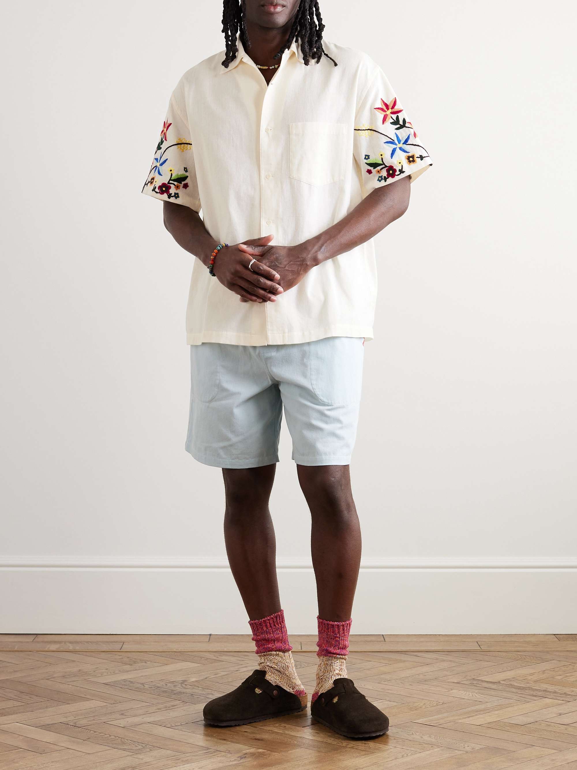 YMC Idris Convertible-Collar Embroidered Cotton and Linen-Blend Shirt