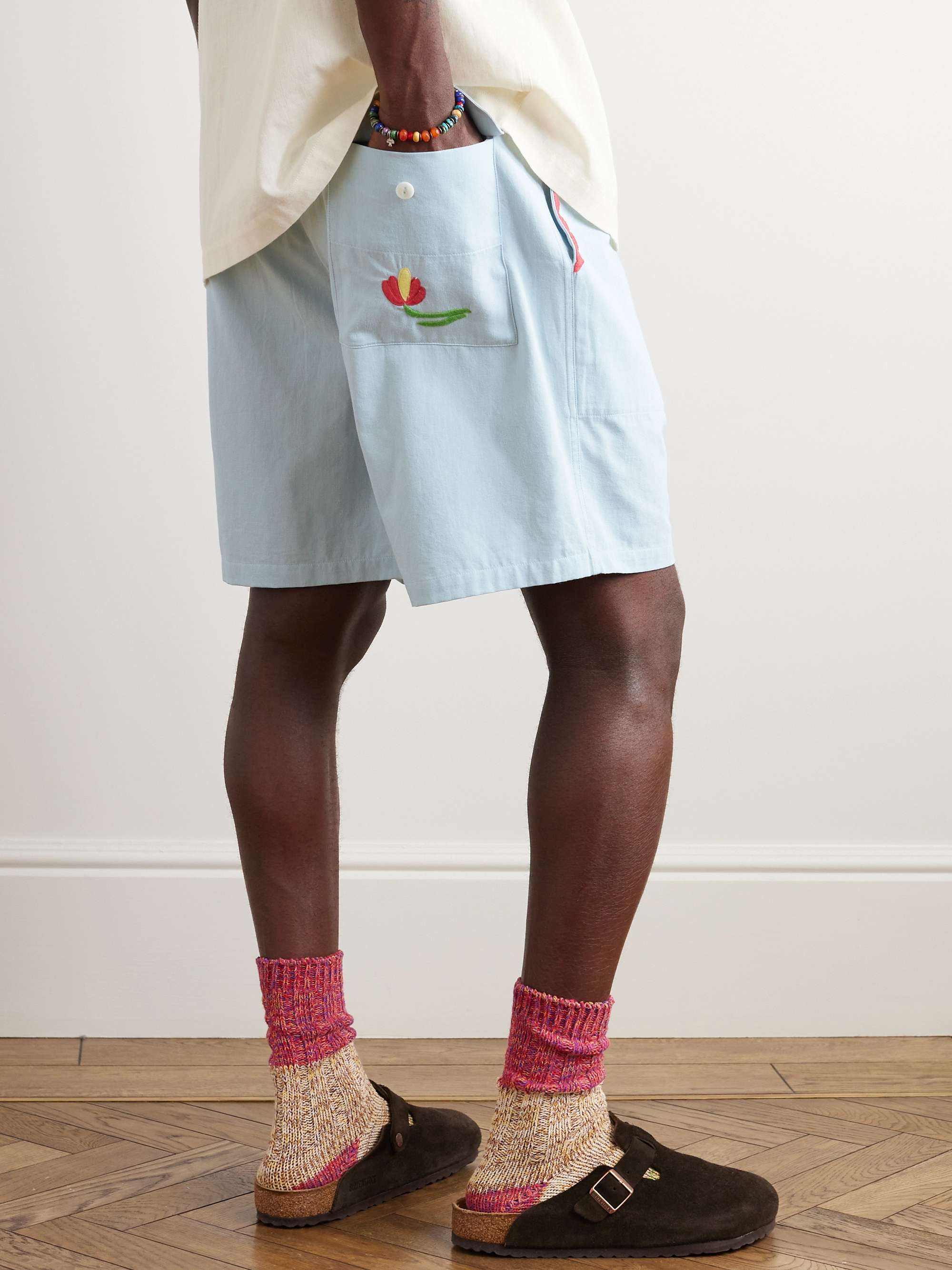 YMC Straight-Leg Embroidered Cotton-Poplin Drawstring Shorts