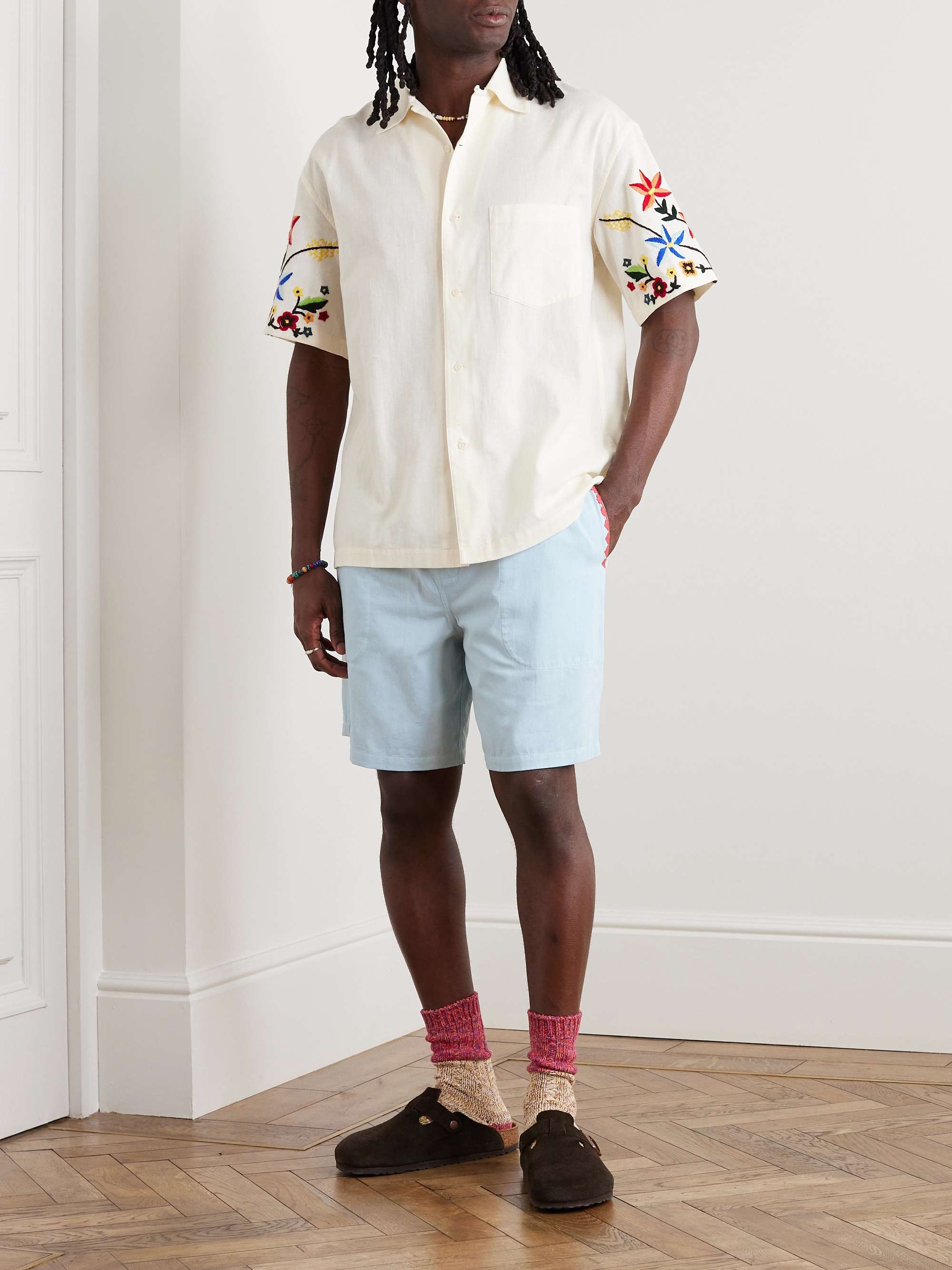 YMC Straight-Leg Embroidered Cotton-Poplin Drawstring Shorts