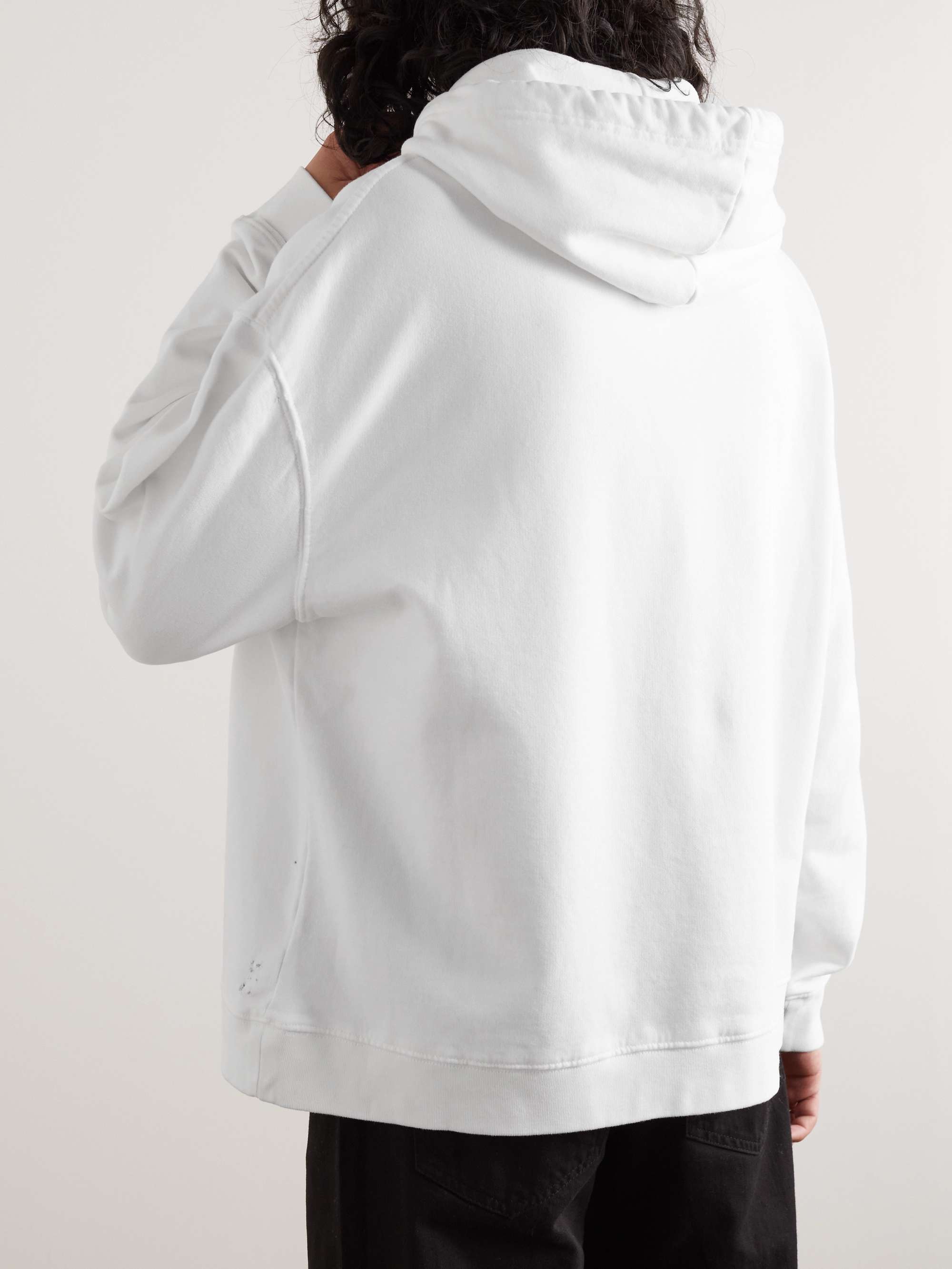 RAF SIMONS Leather-Trimmed Distressed Logo-Print Cotton-Jersey Hoodie