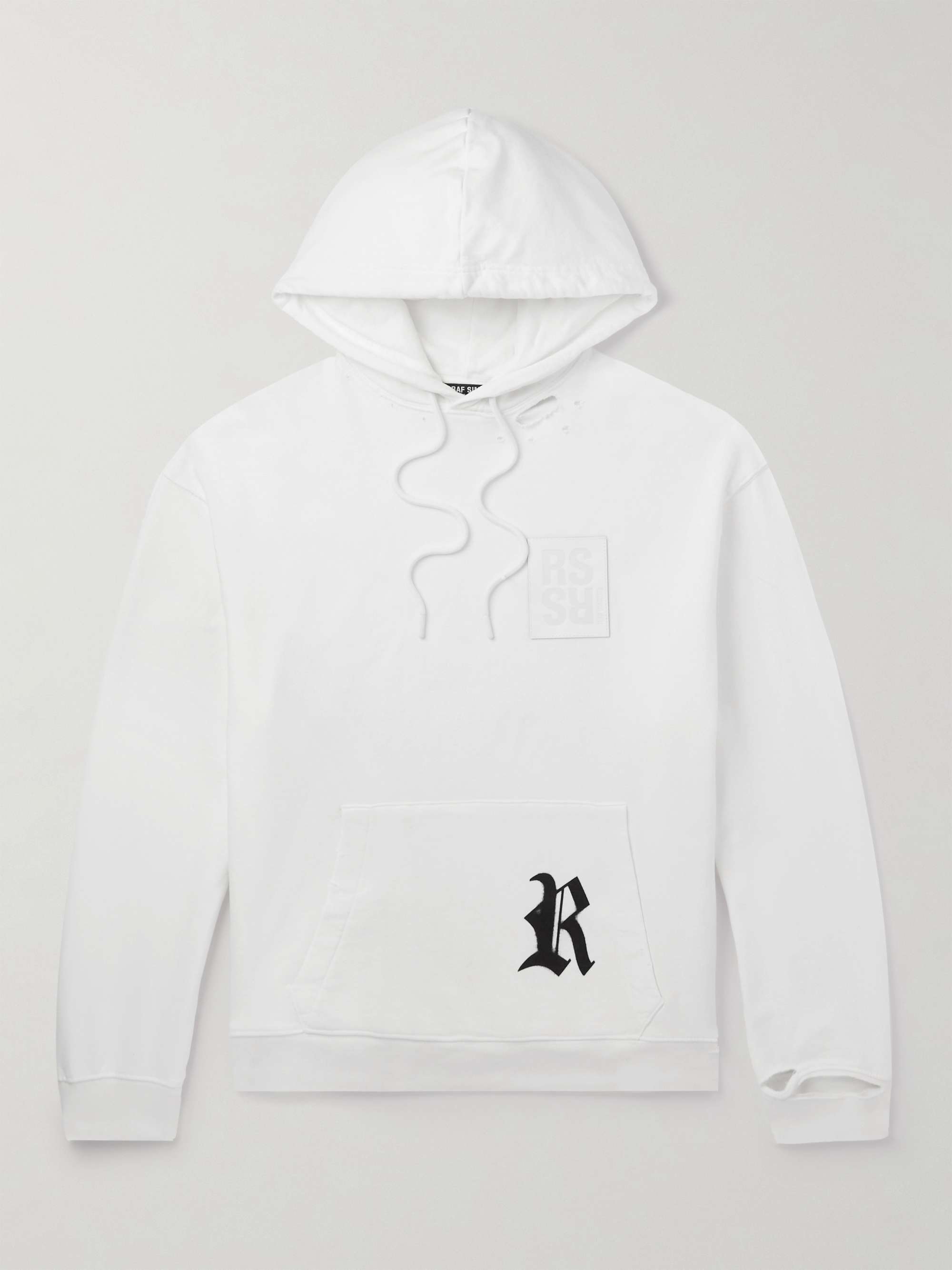 RAF SIMONS Leather-Trimmed Distressed Logo-Print Cotton-Jersey Hoodie
