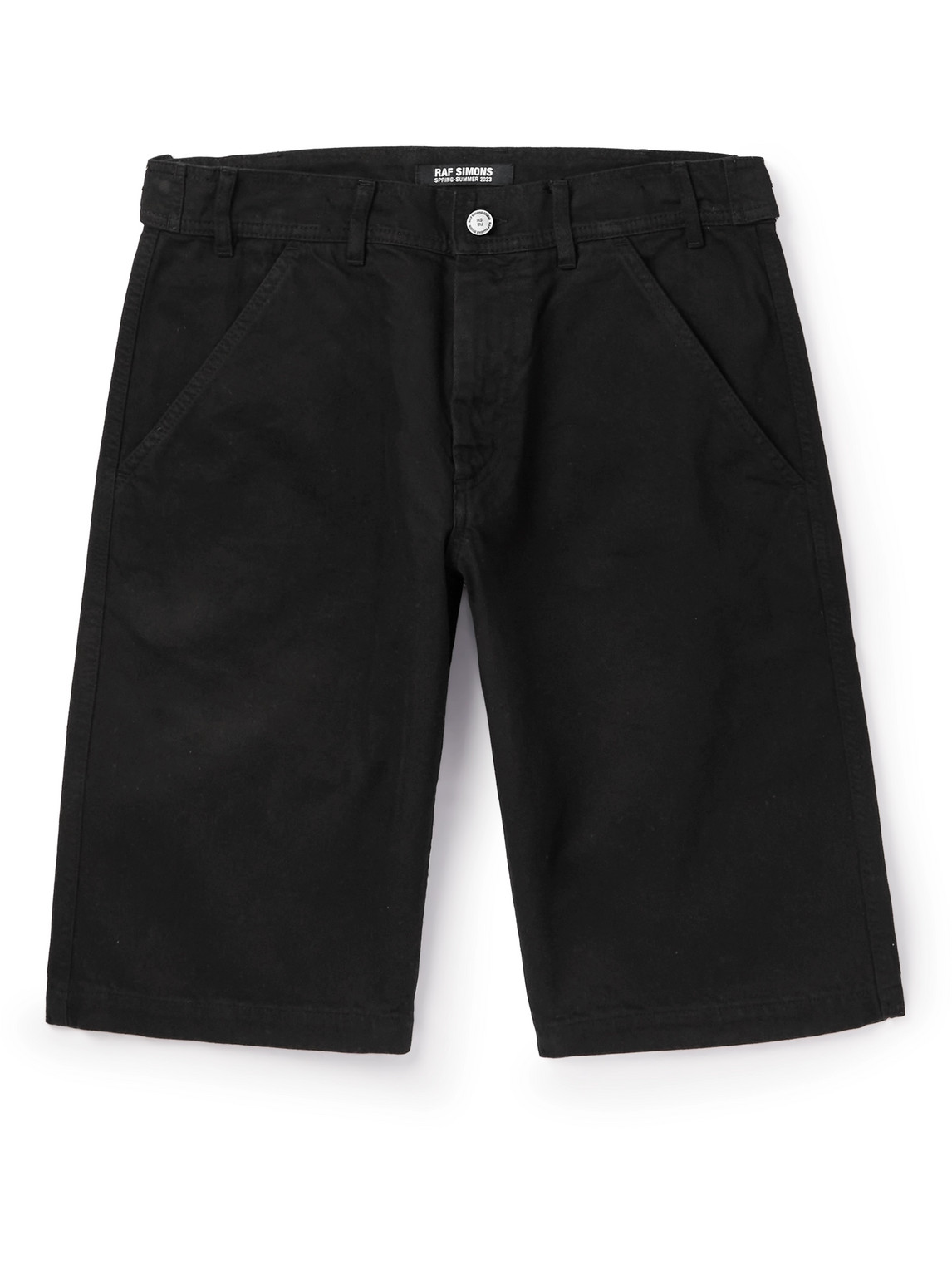 RAF SIMONS SKATE STRAIGHT-LEG LEATHER-TRIMMED DENIM SHORTS