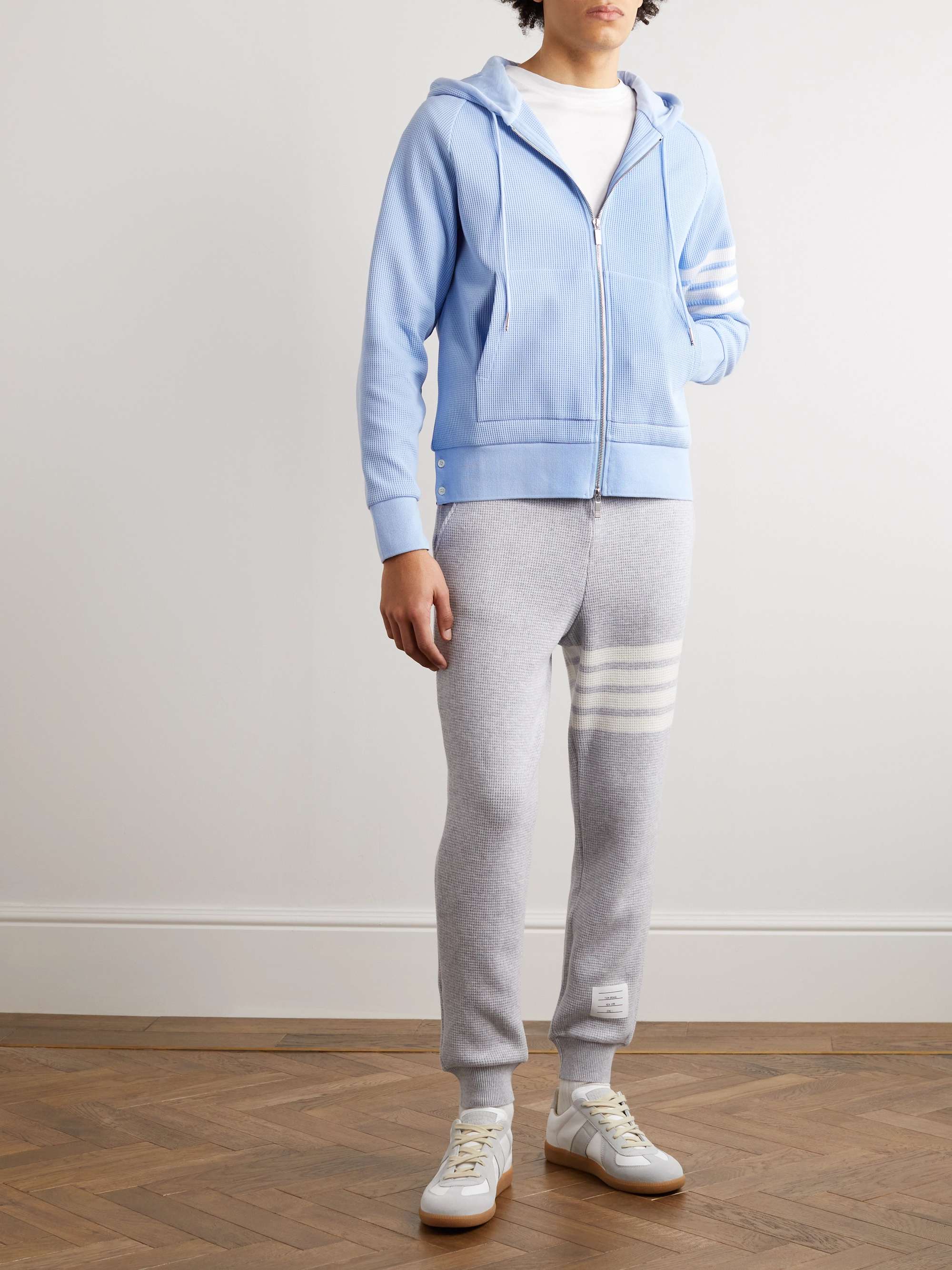 THOM BROWNE Striped Waffle-Knit Cotton-Jersey Zip-Up Hoodie