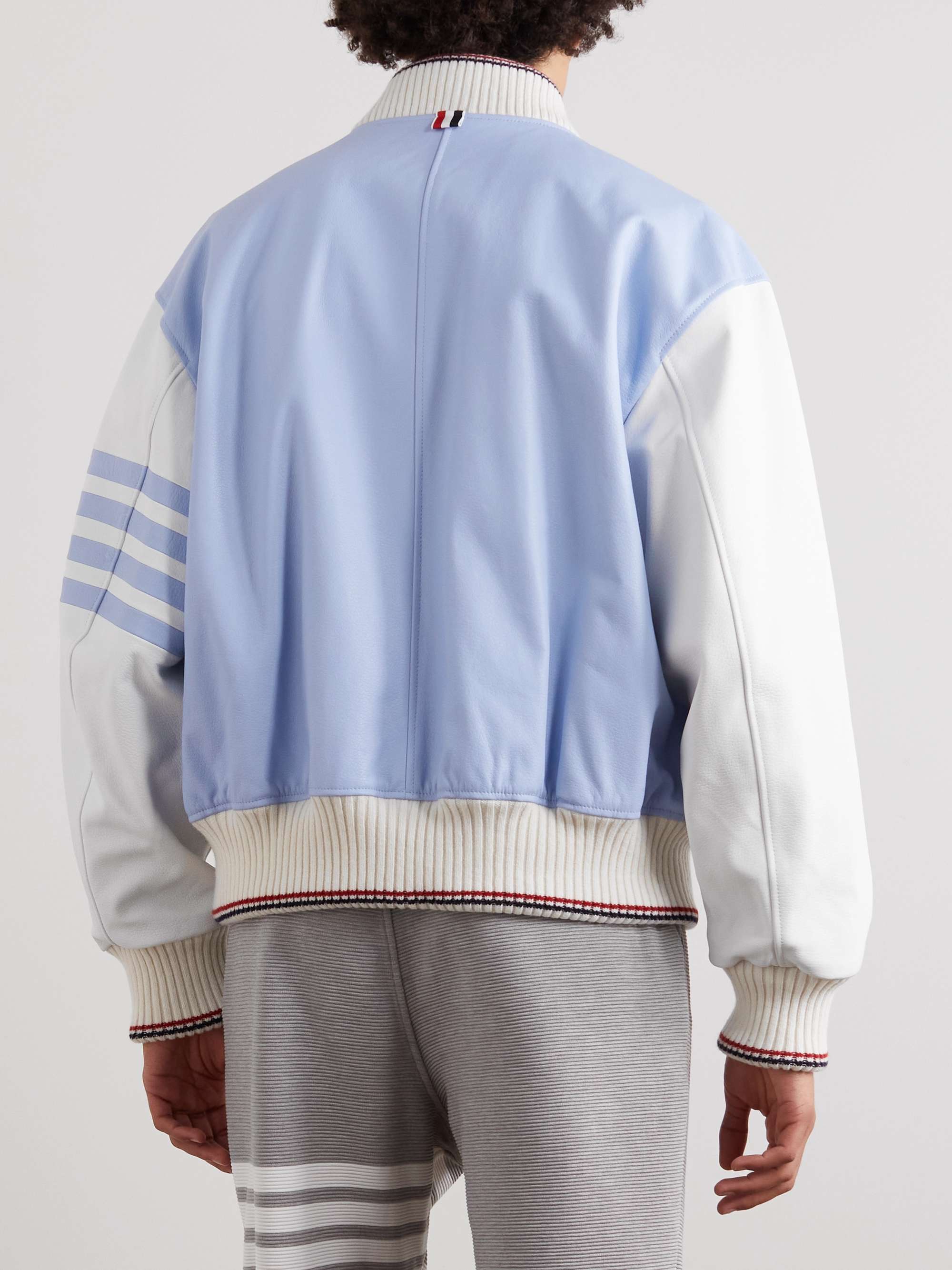 THOM BROWNE Colour-Block Wool-Trimmed Full-Grain Leather Jacket
