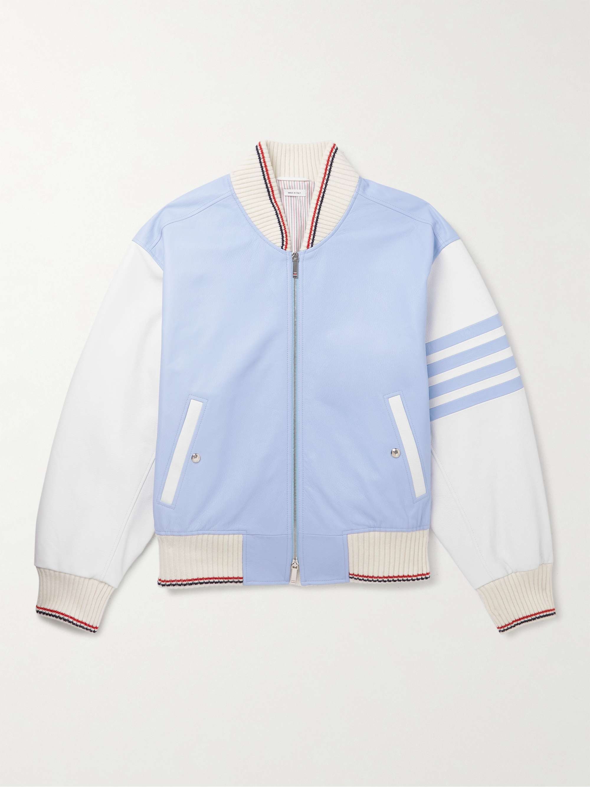 THOM BROWNE Colour-Block Wool-Trimmed Full-Grain Leather Jacket
