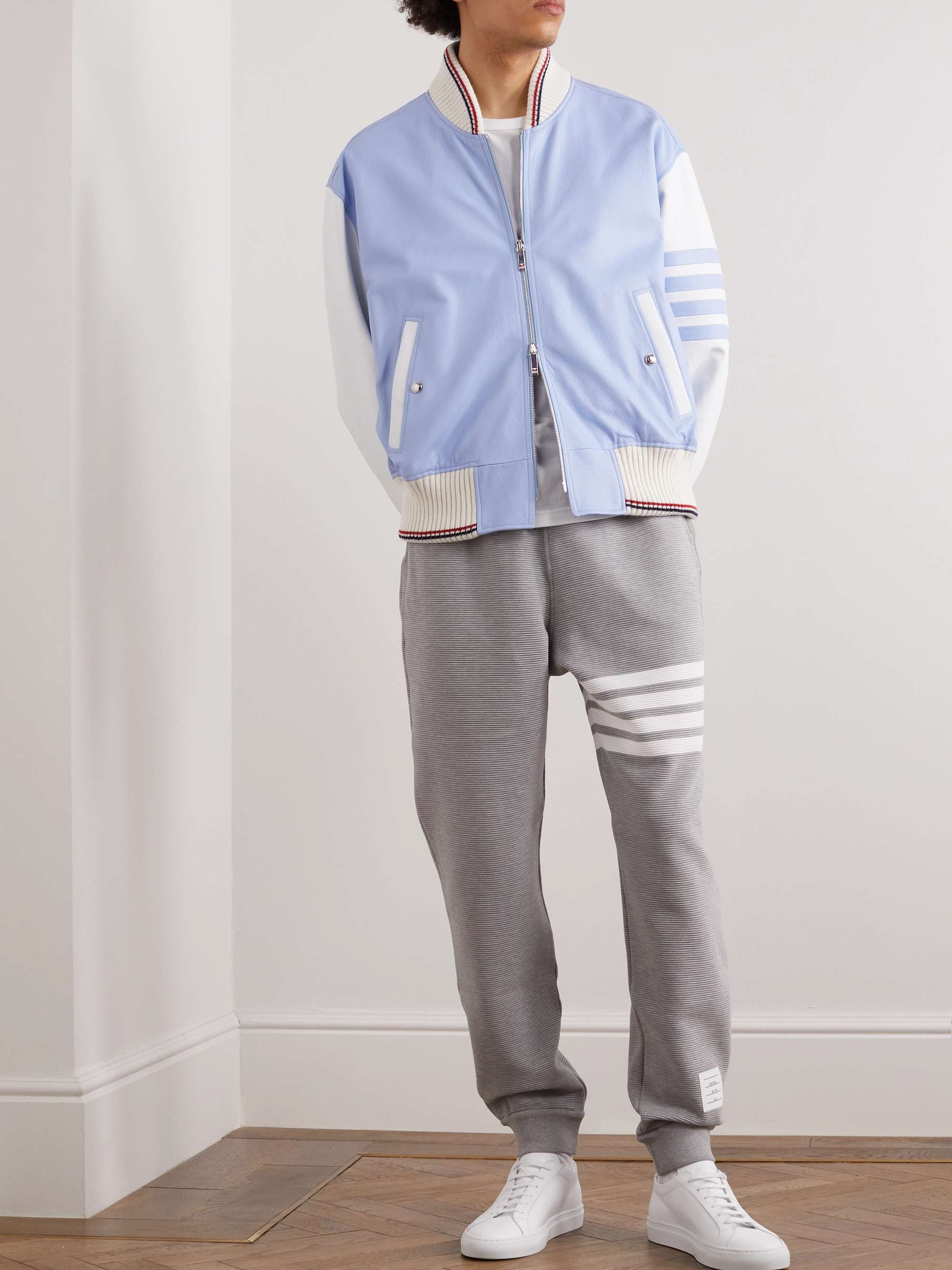 THOM BROWNE Colour-Block Wool-Trimmed Full-Grain Leather Jacket