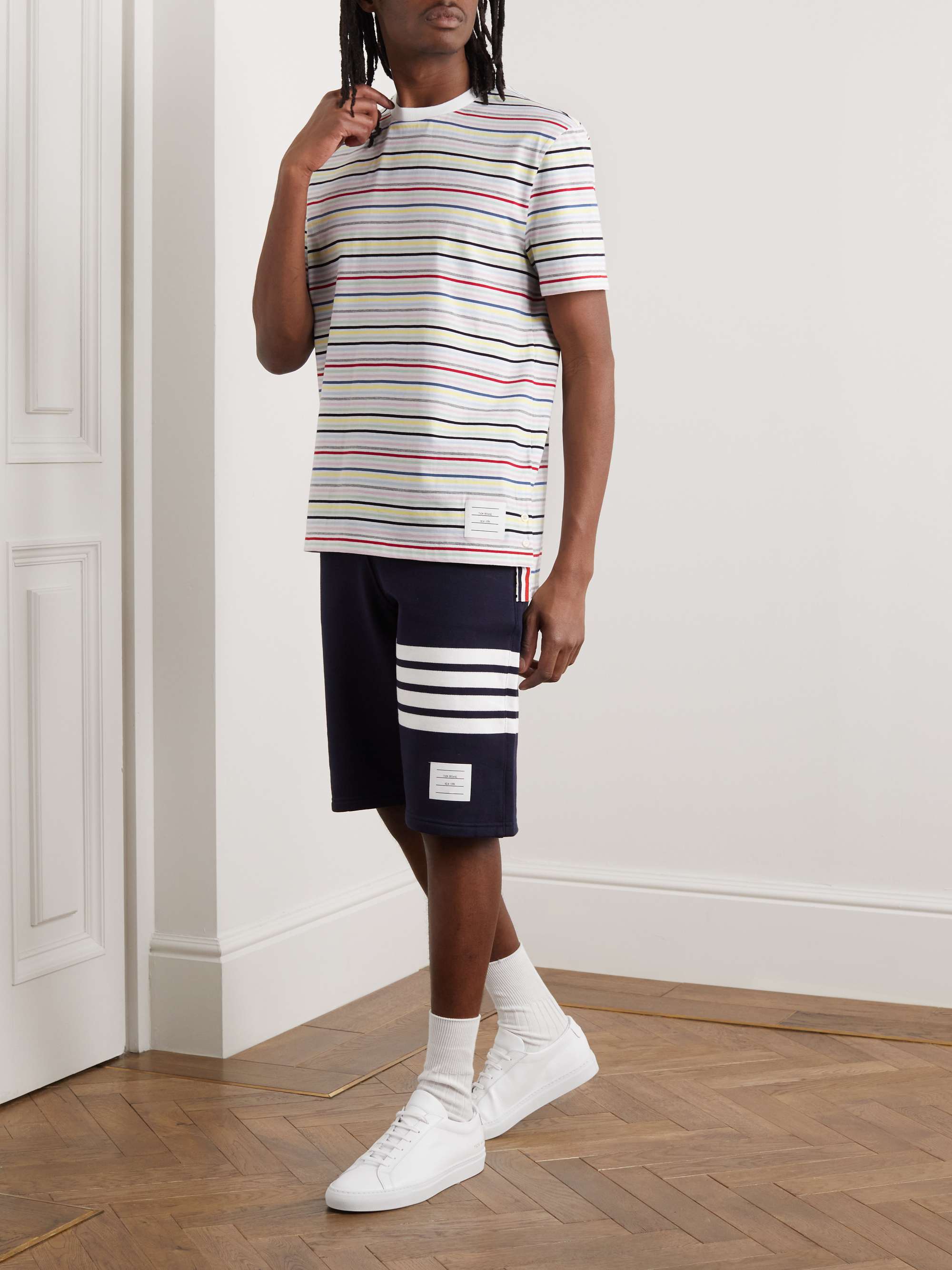 THOM BROWNE Logo-Appliquéd Striped Cotton-Jersey T-Shirt