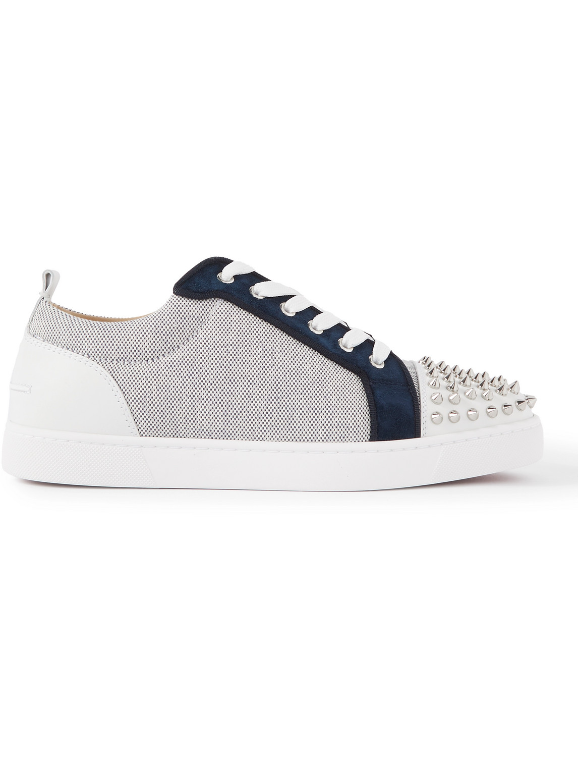 Christian Louboutin Louis Junior Studded Leather-trimmed Canvas Trainers In Grey