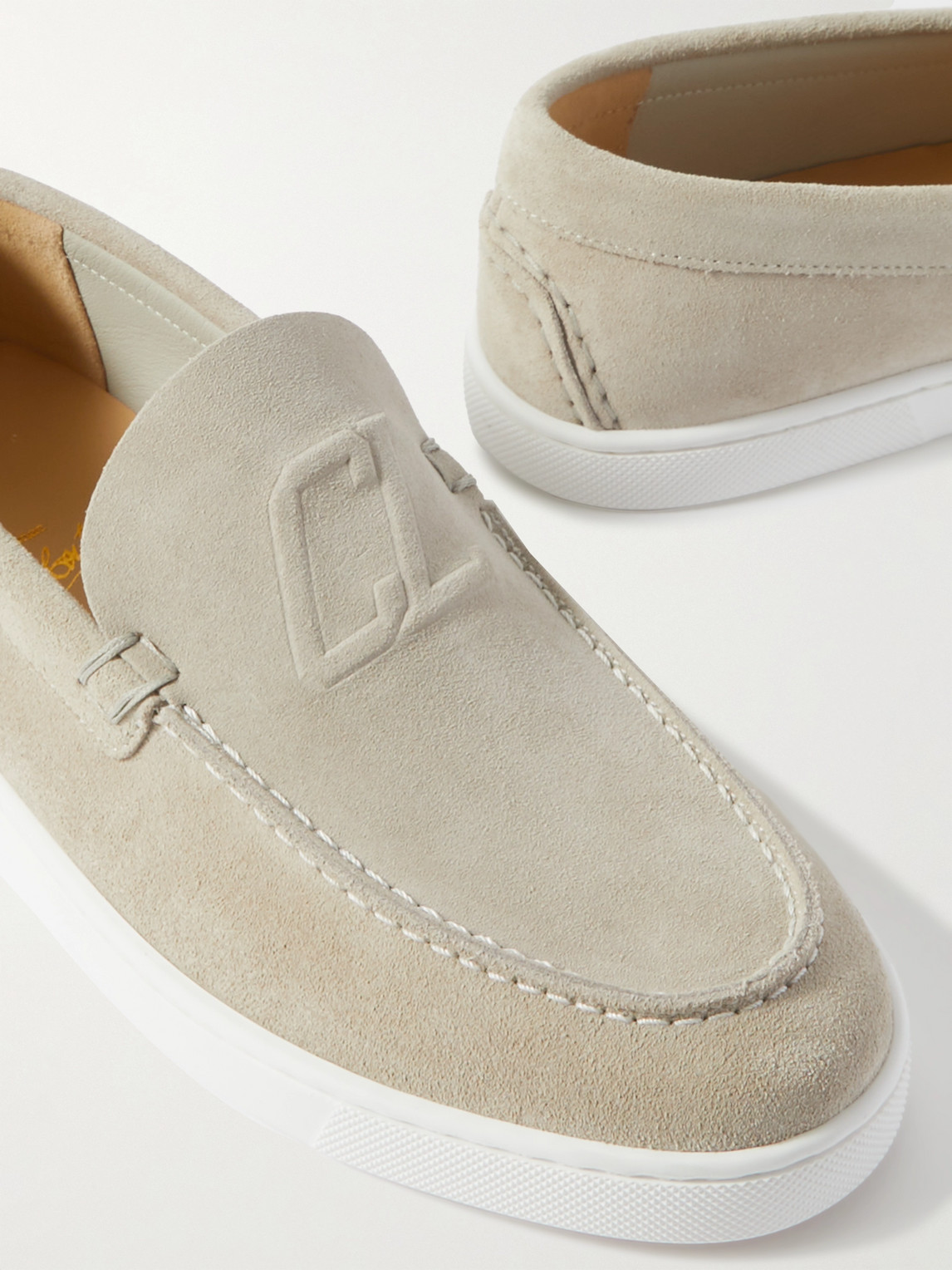 Shop Christian Louboutin Varsiboat Logo-embossed Suede Loafers In Neutrals