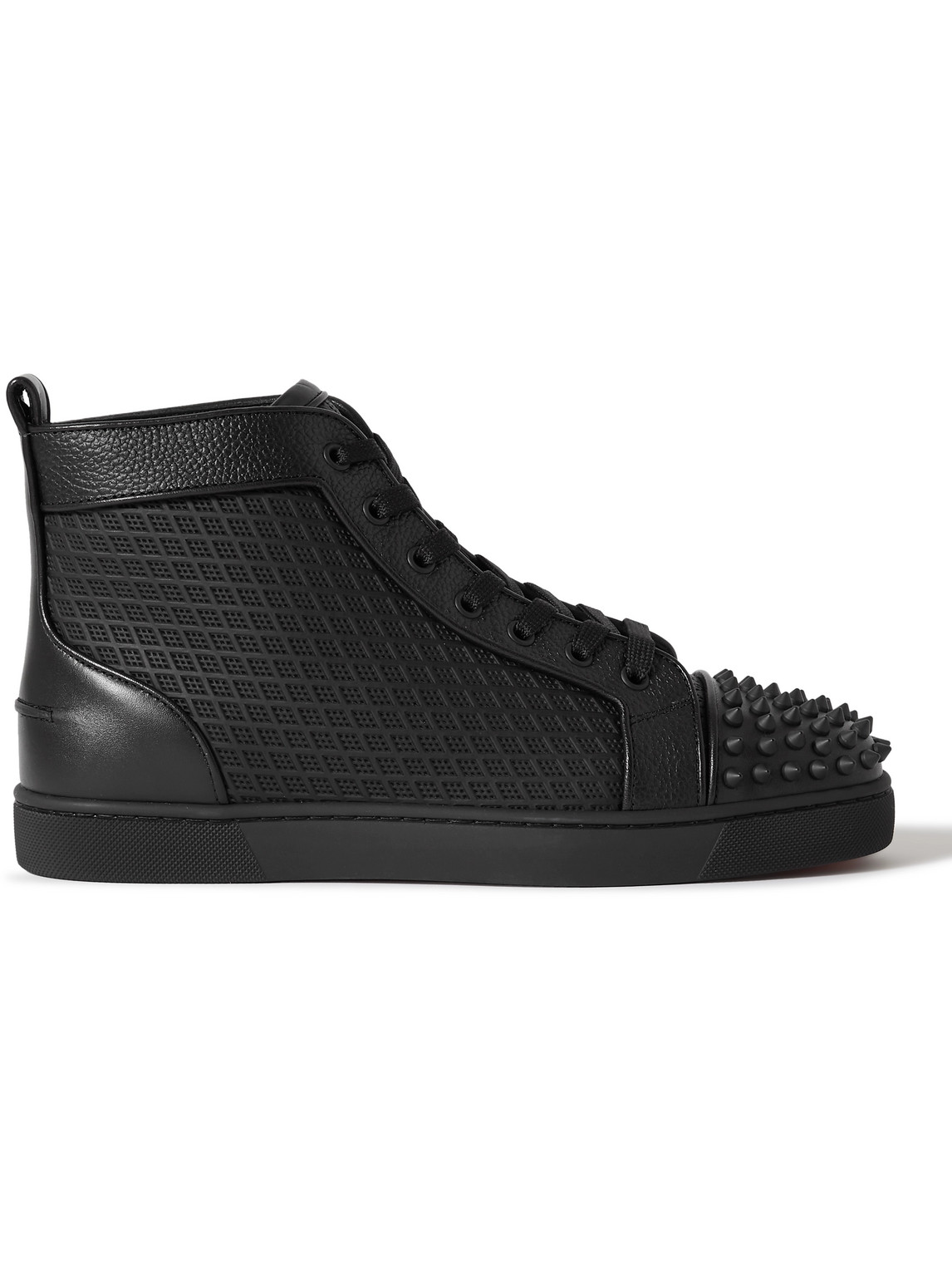 Christian Louboutin Lou Spikes Orlato Studded Leather And Mesh High-top Sneakers In Black
