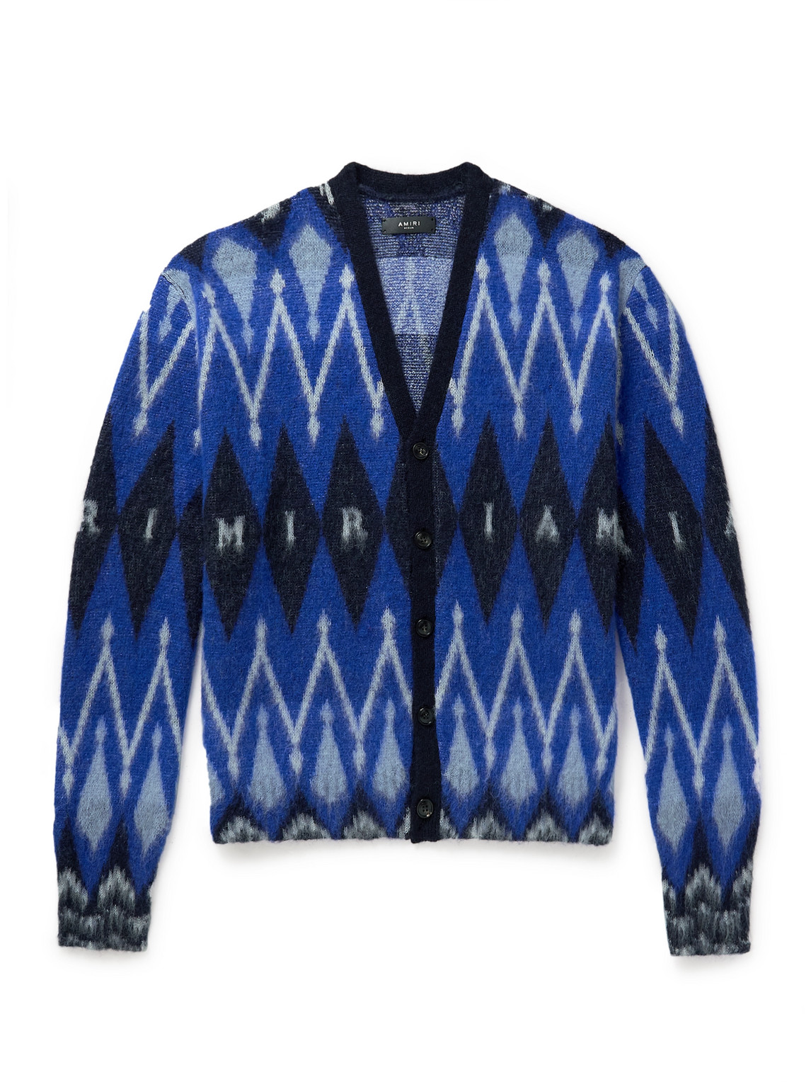 Amiri Argyle Alpaca And Mohair-blend Cardigan In Blue