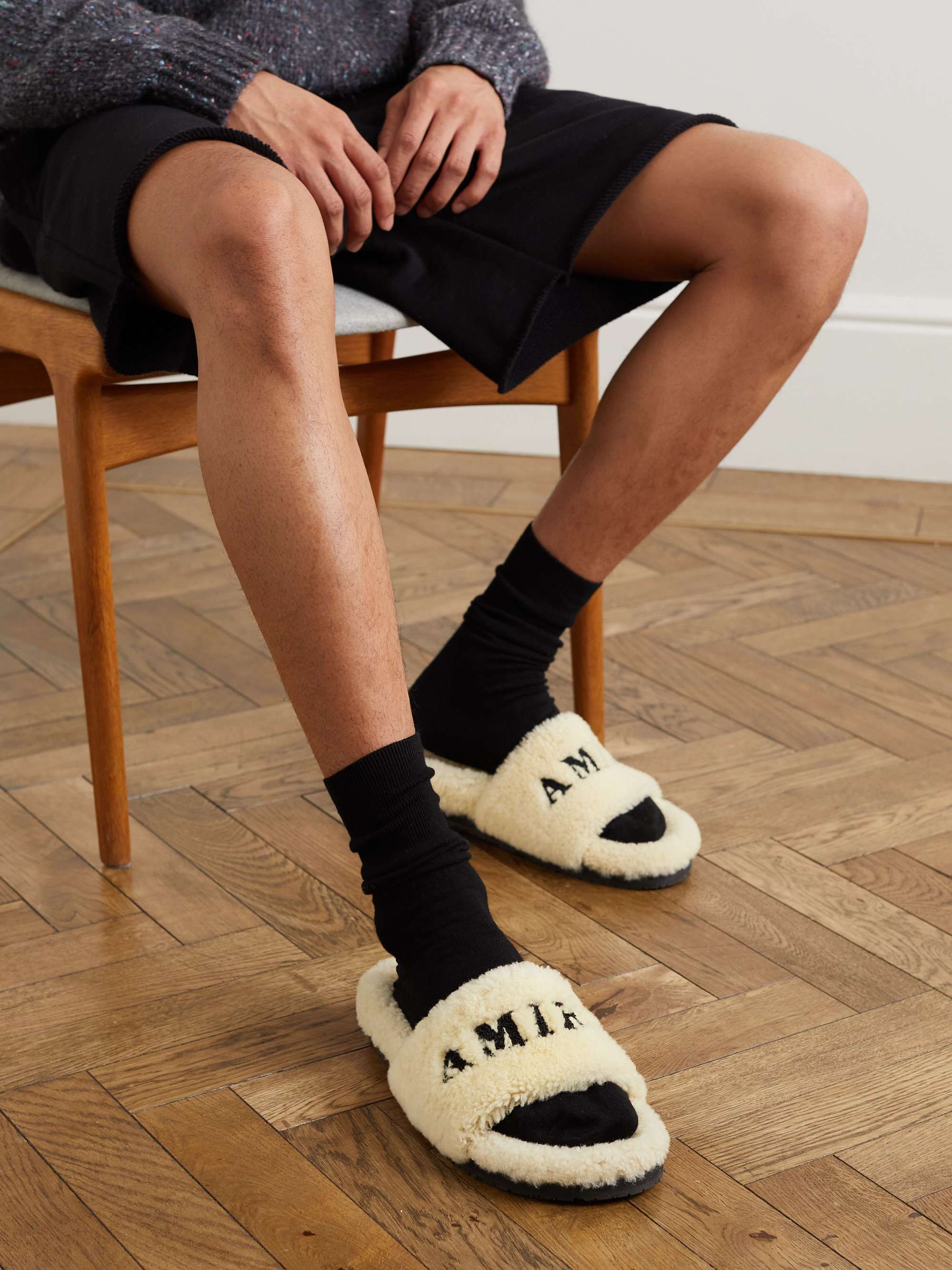 AMIRI Logo-Embroidered Shearling Slippers