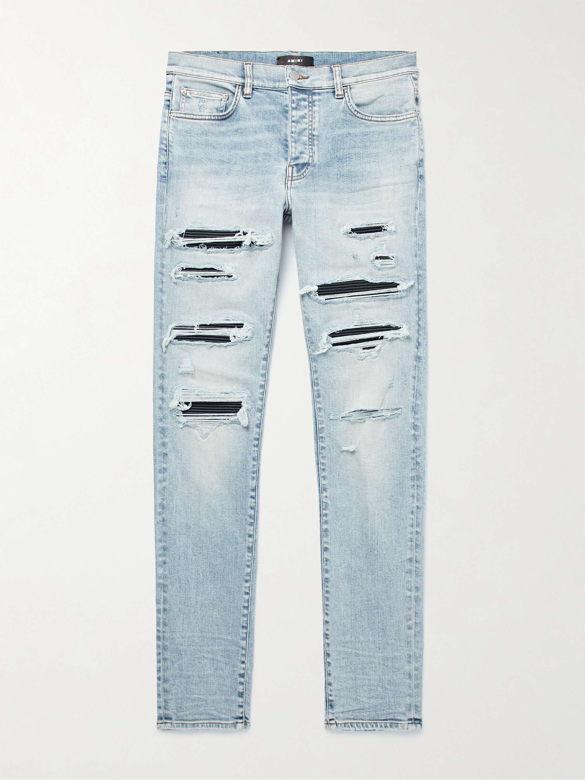 AMIRI Thrasher Skinny-Fit Leather-Panelled Distressed Jeans