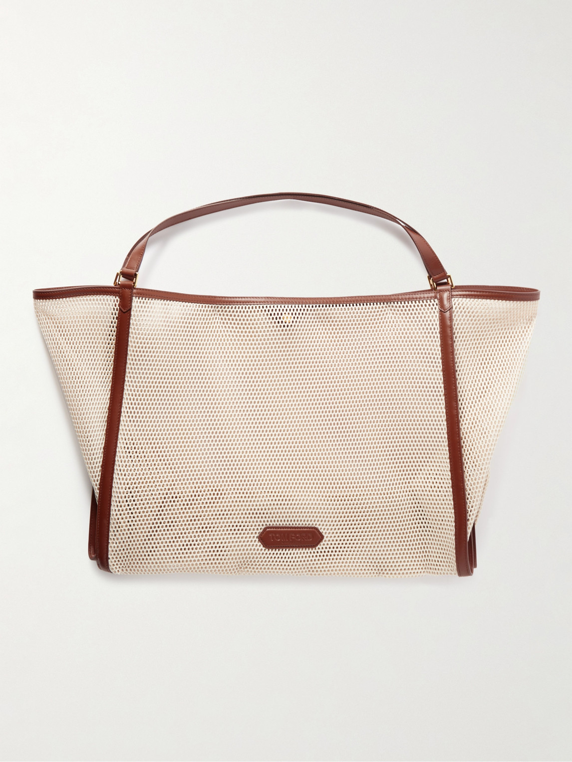 TOM FORD LOGO-APPLIQUÉD LEATHER-TRIMMED MESH TOTE BAG