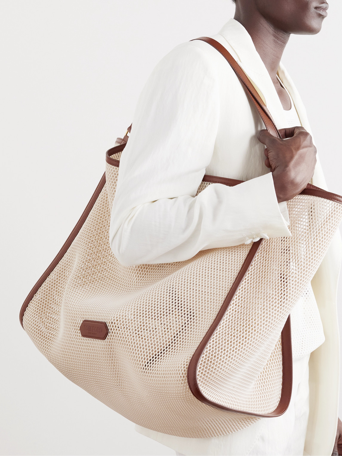 Tom Ford Logo-appliquéd Leather-trimmed Mesh Tote Bag In Neutrals