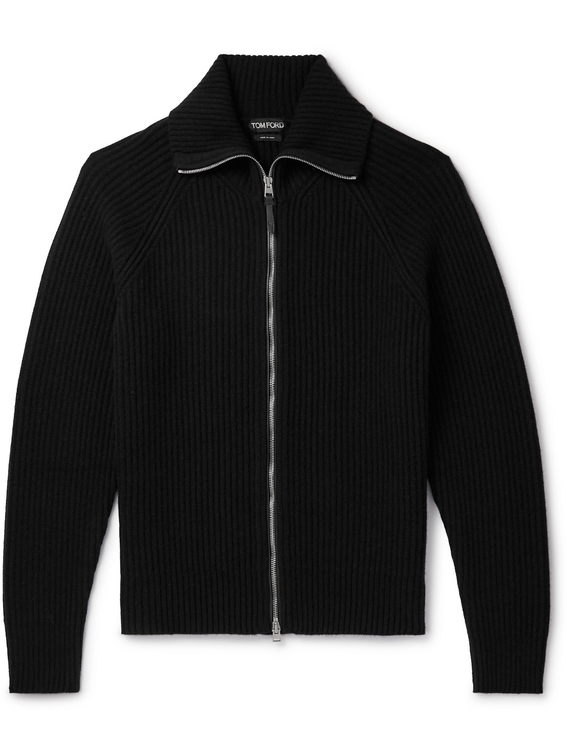 Shop Tom Ford Slim-fit Ribbed Wool And Cashmere-blend Zip-up Cardigan In Black