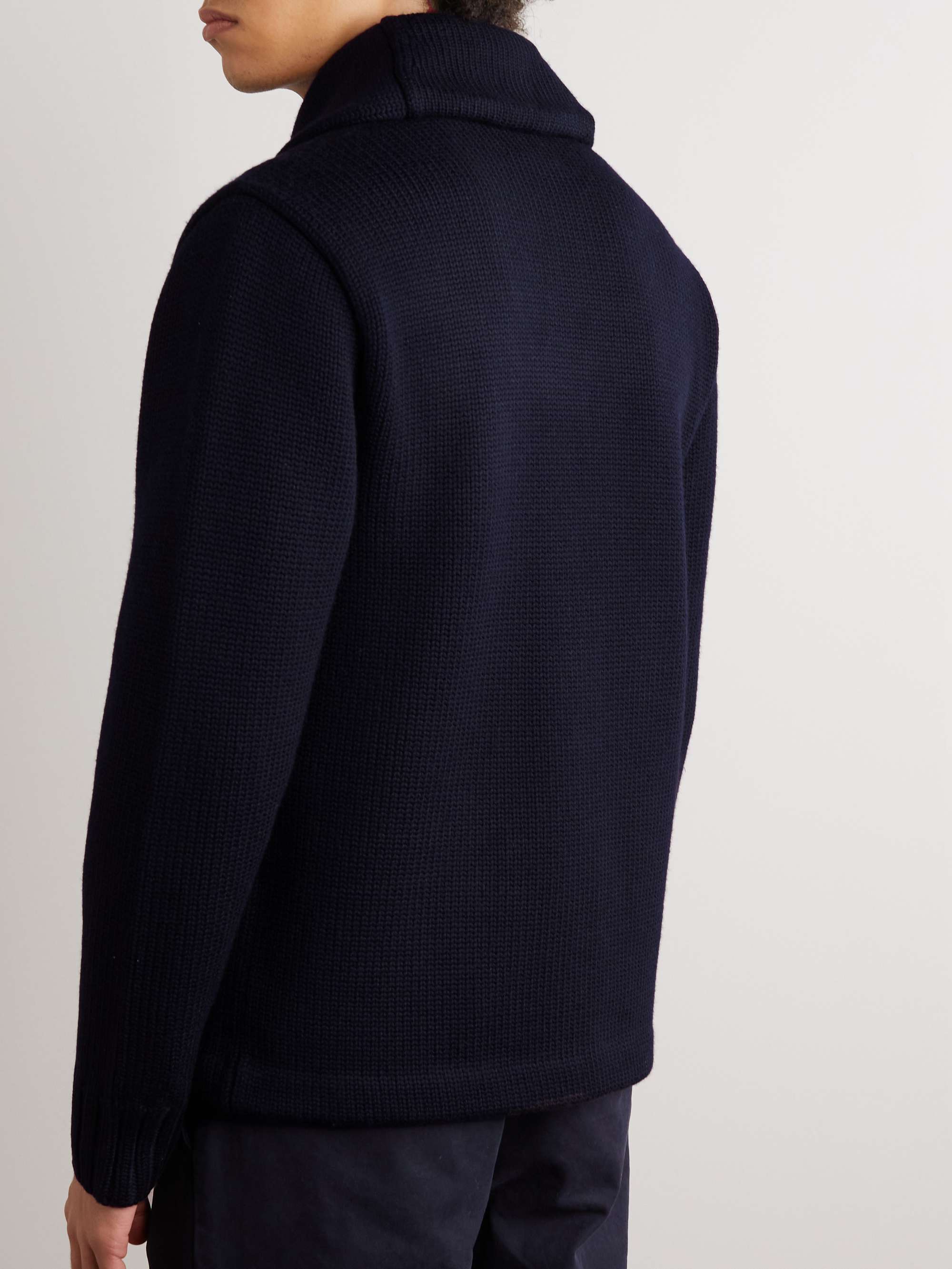 RRL Shawl-Collar Appliquéd Ribbed Wool Cardigan