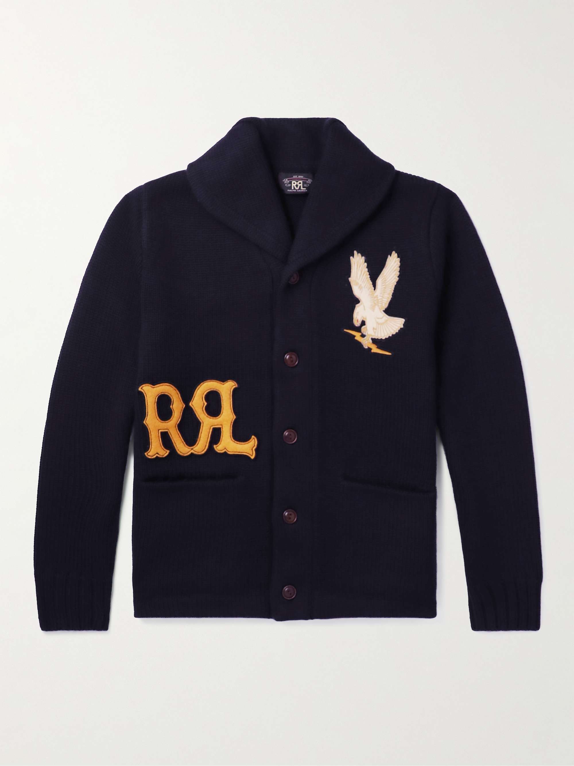 RRL Shawl-Collar Appliquéd Ribbed Wool Cardigan