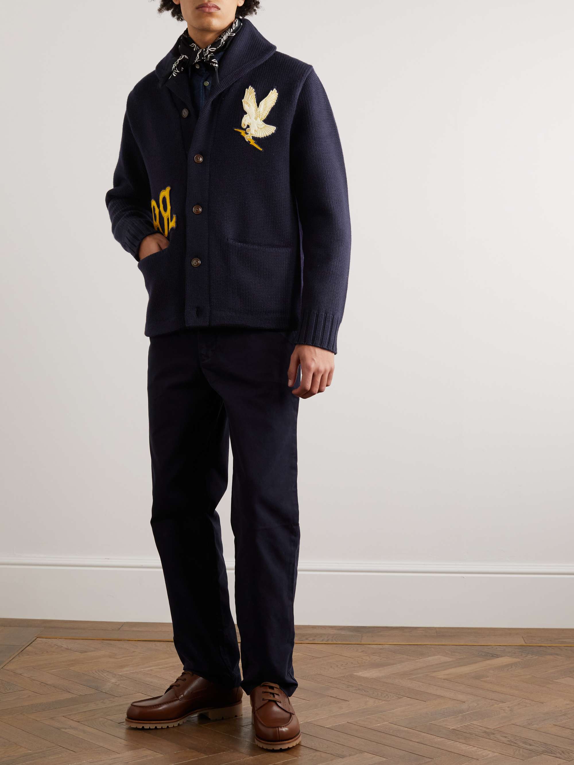 RRL Shawl-Collar Appliquéd Ribbed Wool Cardigan